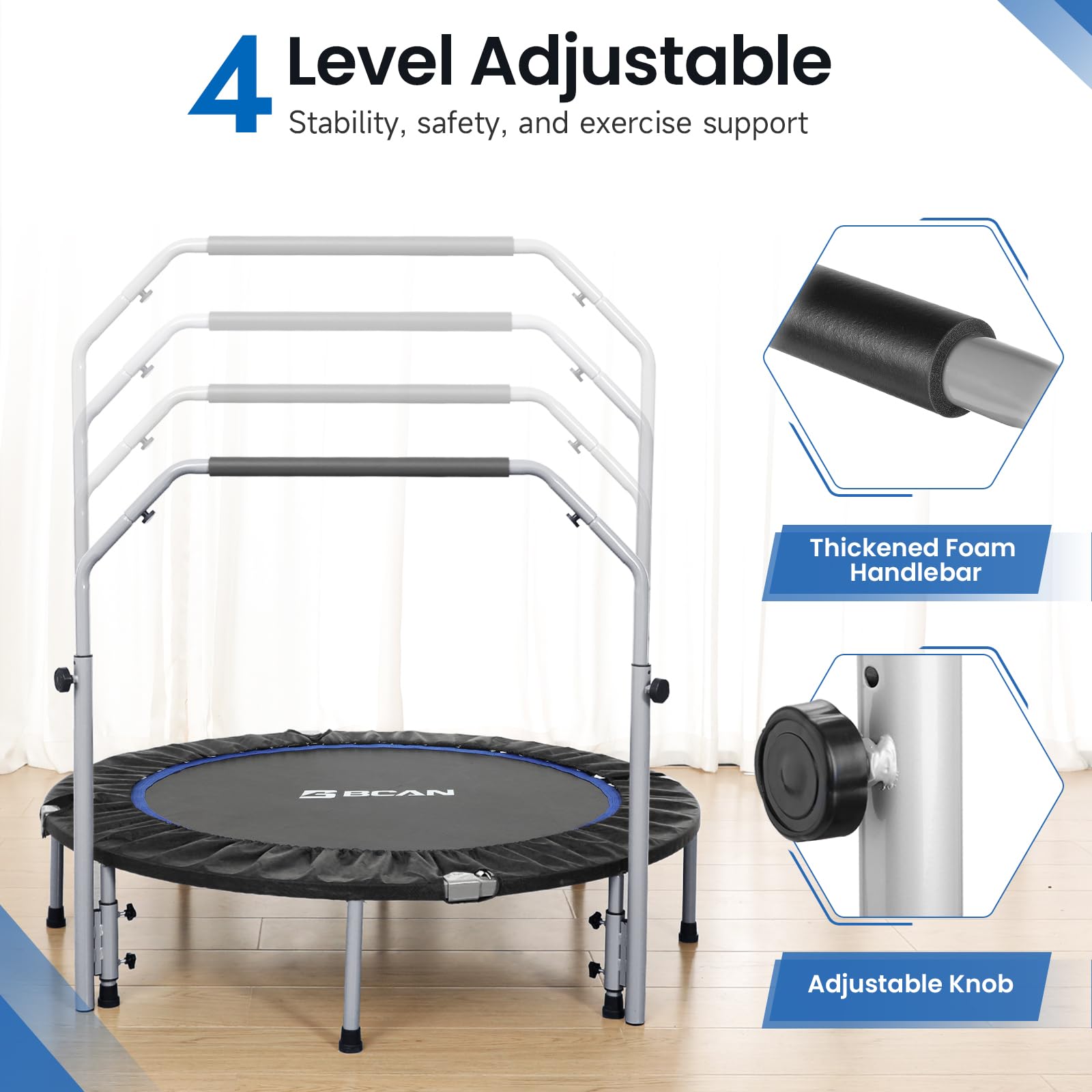 Bcan 48'''' Foldable Mini Trampoline For Adults Max Load 440Lbs, Fitness Rebounder With Adjustable Foam Handlebar, Exercise Tram