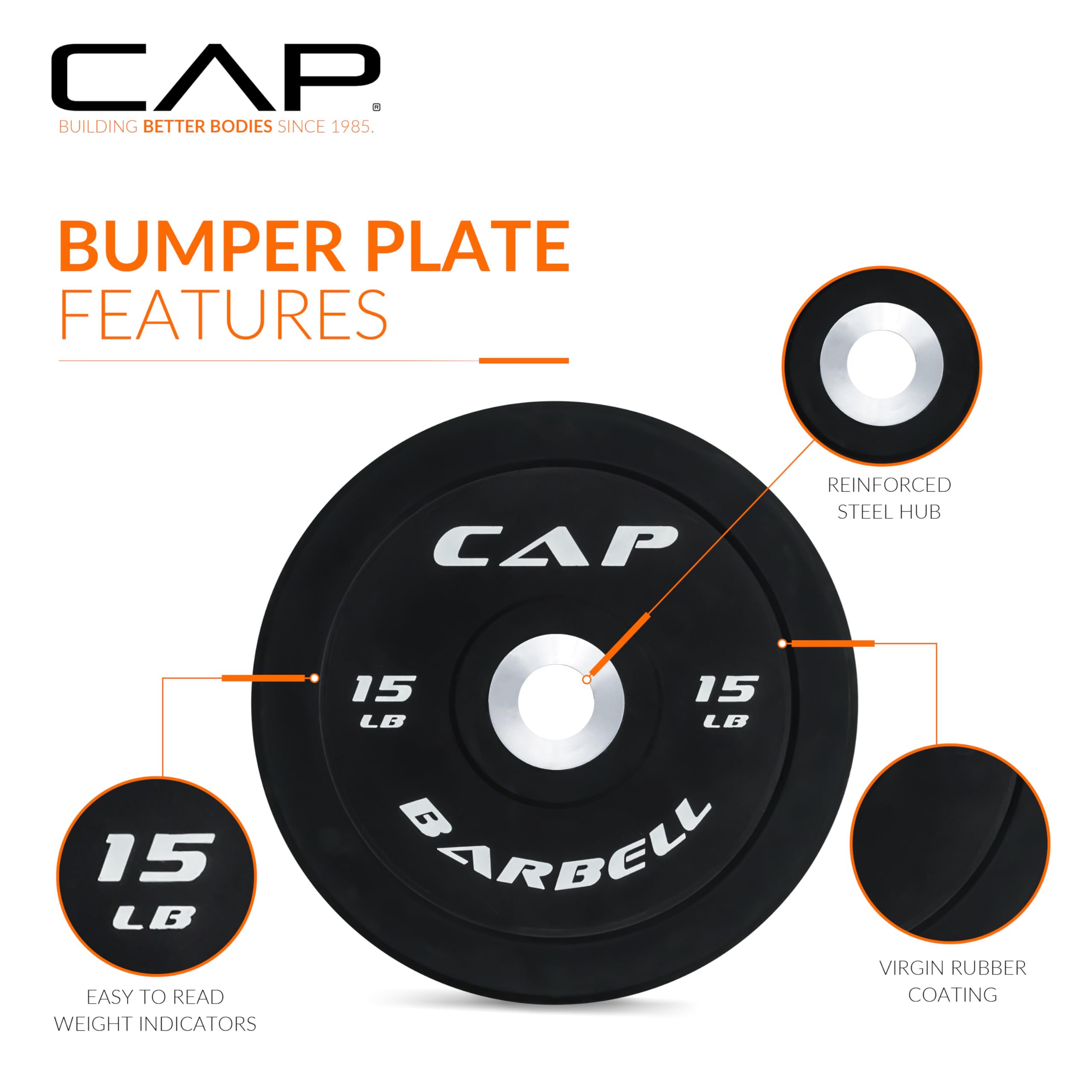 Cap Barbell Best Olympic Bumper Plate Set, Black With White Logo, 15 Lb Pair