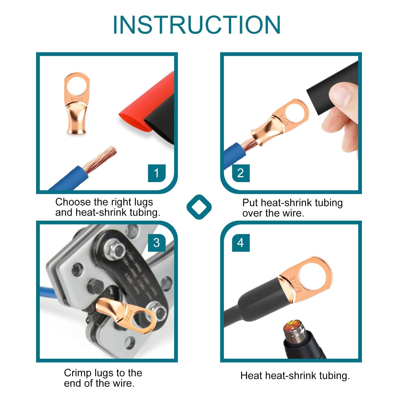 4Pcs Battery Cable Ends, 20 Gauge Wire Connectors 516 Copper Wire Lugs, Bare Copper Eyelets With Heat Shrink Tubing By Housun