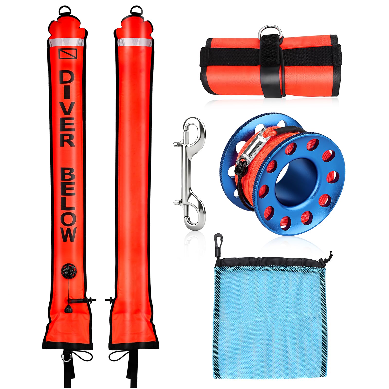 Scuba Diving SMB Kit, 4FT DSMB Surface Marker Buoy, 49ft Finger Spool Reel+Bolt Snap&Mesh Storage Bag, High-Visibility Safety Si