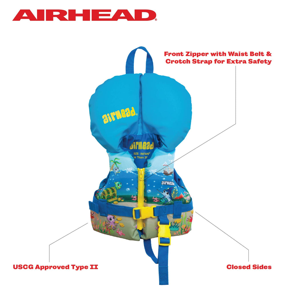 Airhead Treasure Us Coast Guard Approved, Secure Fit Type Iii Child 30-50Lbs -Type Ii Infant Under 30Lbs Life Jacket Vest, Blue