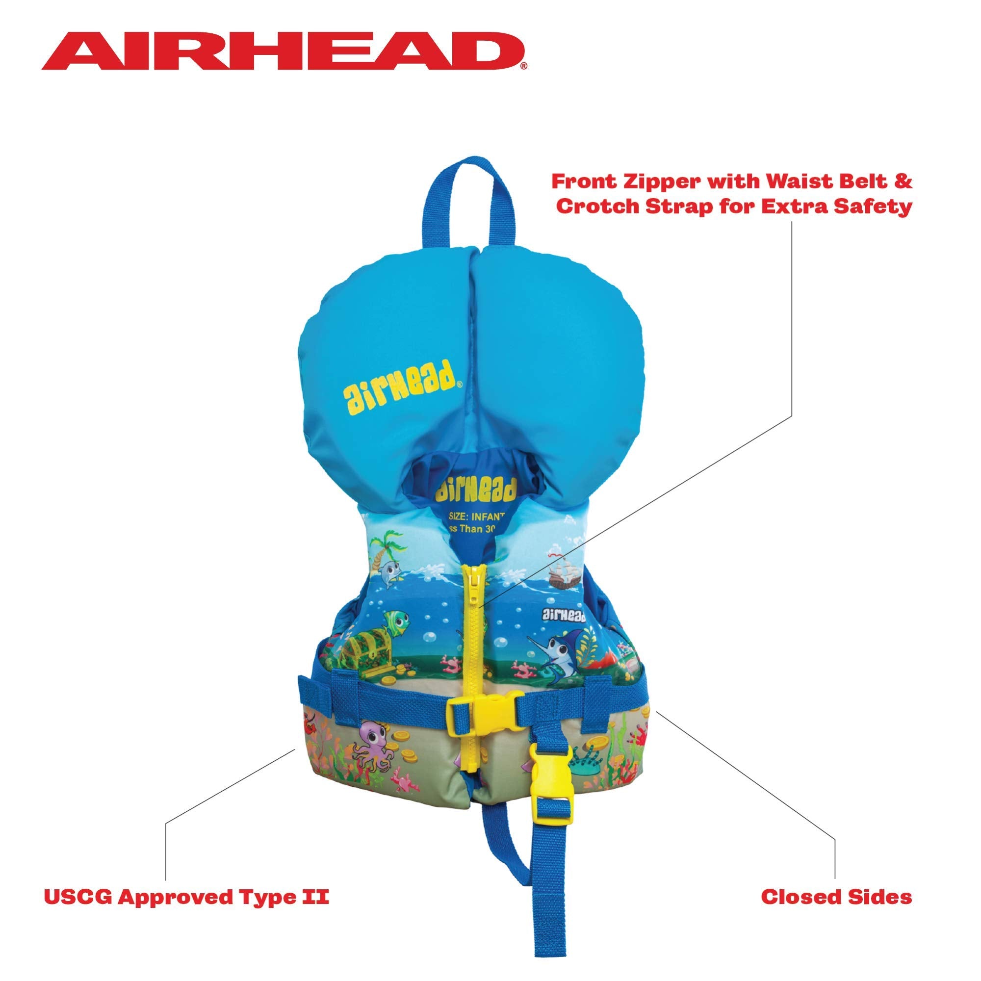 Airhead Treasure Us Coast Guard Approved, Secure Fit Type Iii Child 30-50Lbs -Type Ii Infant Under 30Lbs Life Jacket Vest, Blue
