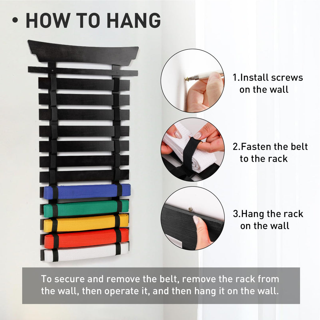Winartton 12 Belts Karate Belt Display Rack With Stickers, Martial Arts Belt Display Holder, Taekwondo Belt Jiu Jitsu Belt Bjj B