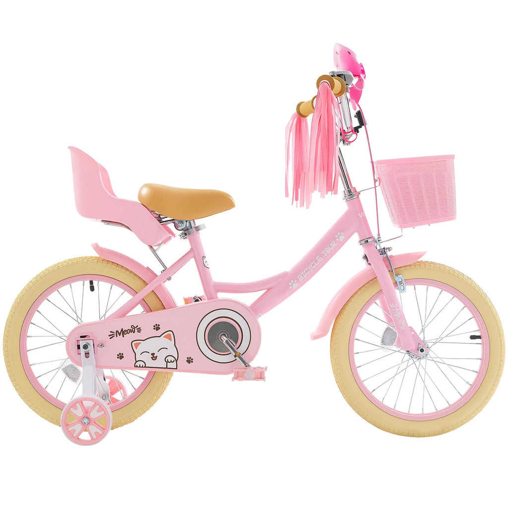 Vevor Kids Bike, 16 Inches Princess Style Children Bicycle With Streamers & Basket, Rider Height 3.28 Ft - 4.27 Ft, Doll Seat &
