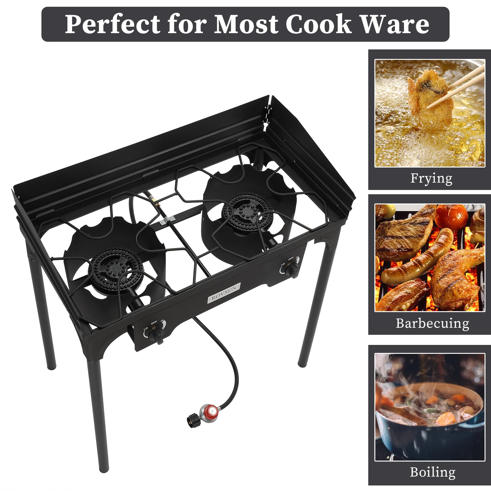 Rovsun 2 Burner Outdoor Propane Gas Stove With Windpanel, Carrying Bag & Regulator, 150,000 Btu Stand Cooker For Backyard Cookin