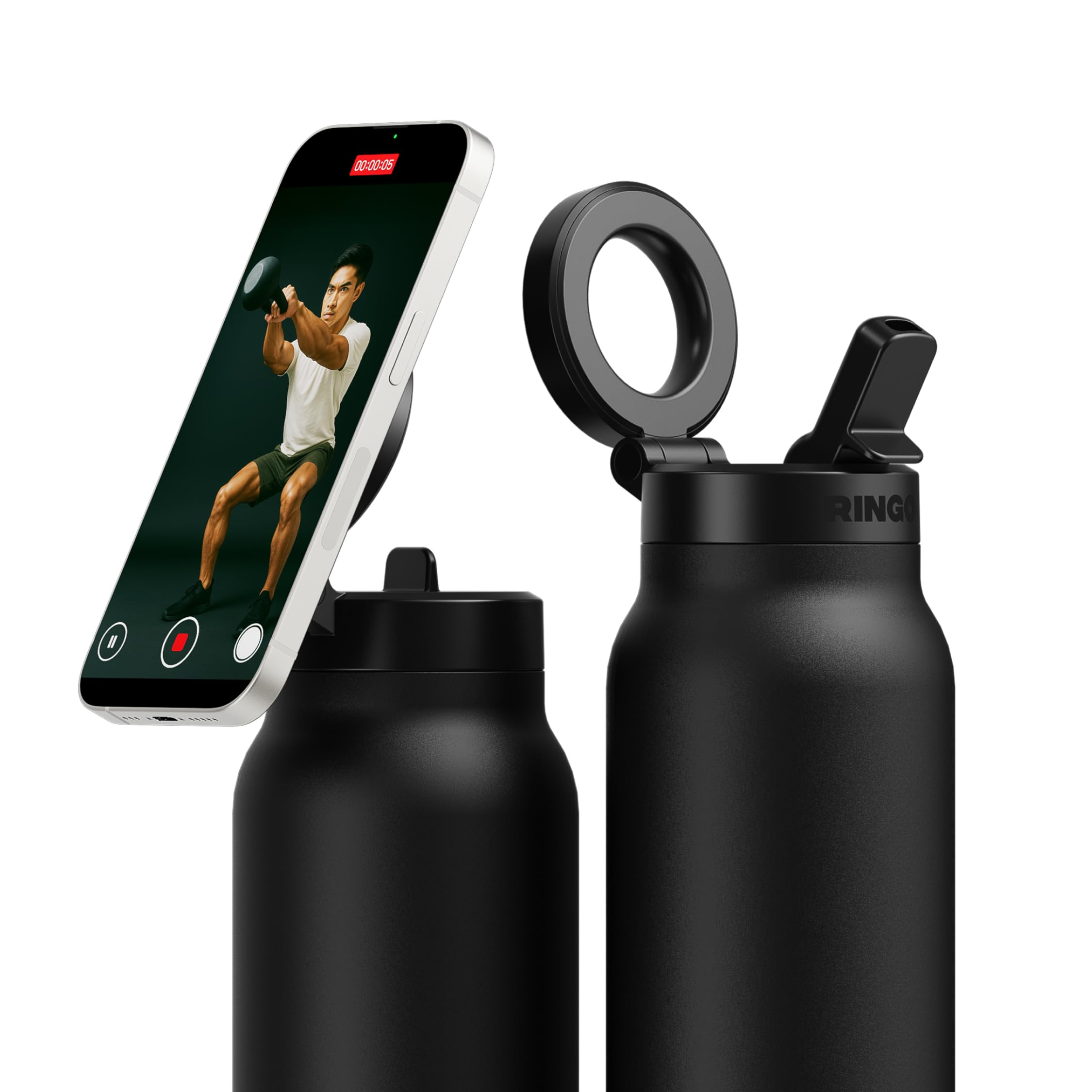 Ringo PRO Water Bottle with Magnetic Phone Mount & Sip Straw Lid - Insulated Stainless Steel Bottle for Workouts, Content Creati
