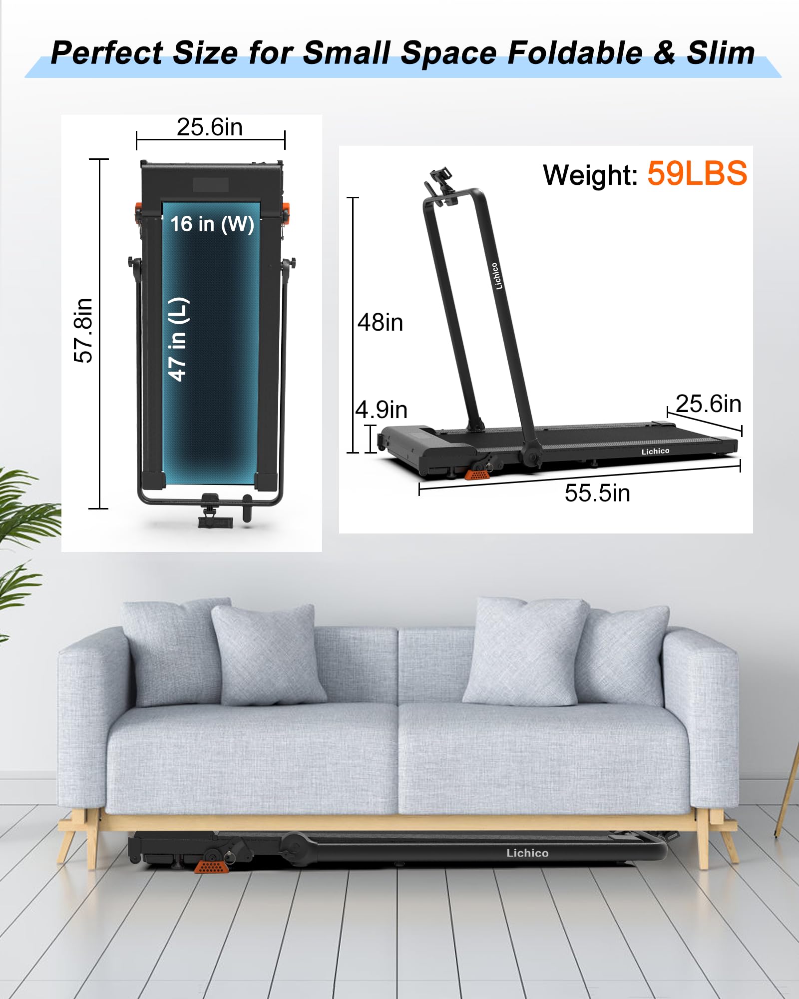 Lichico Treadmill With Incline Walking Pad Under Desk For Home And Office, 8.7Mph Compact Portable Folding Treadmill With Handle