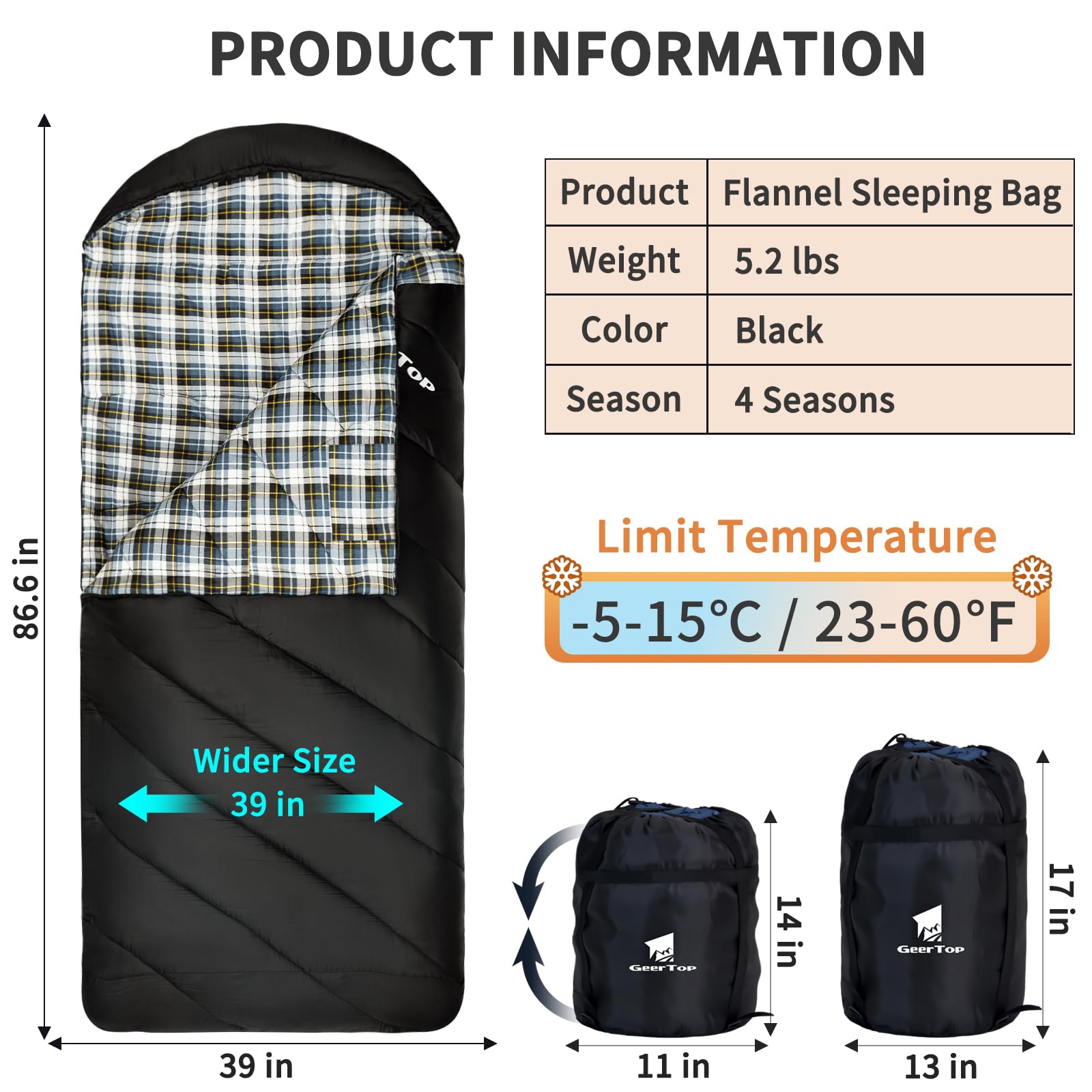 Geertop Flannel Sleeping Bag For Adults Xxl, Large Wide Camping Sleeping Bag 4 Season, 0 Degree Sleeping Bag For Winter Cold Wea