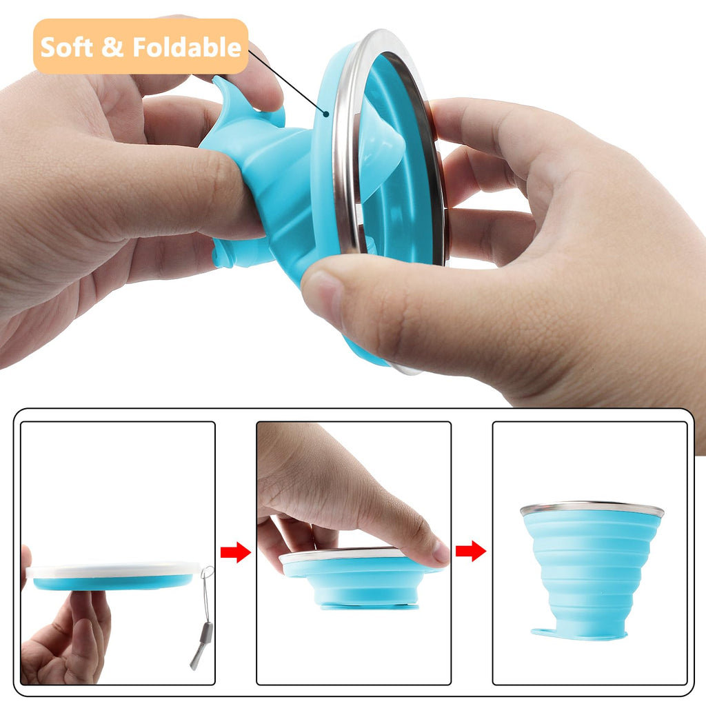 Litoexpe 4 Pack Silicone Collapsible Travel Cup Portable Folding Camping Cup Sets With Lids, Orange & Blue & Coffee & Purple, Ca