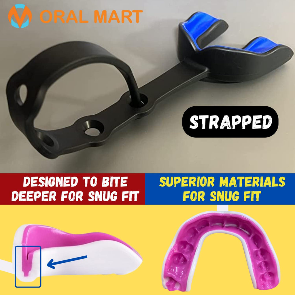 Oral Mart Black/Blue Strapped Youth Mouth Guard For Kids - Sports Mouthguard With Strap For Ice Hockey, Football, Lacrosse, Taek