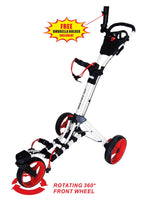 Qwik-Fold 360 Swivel 3 Wheel Push Pull Golf Cart - 360* Rotating Front Wheel - One Second To Open & Close! (White/Red)