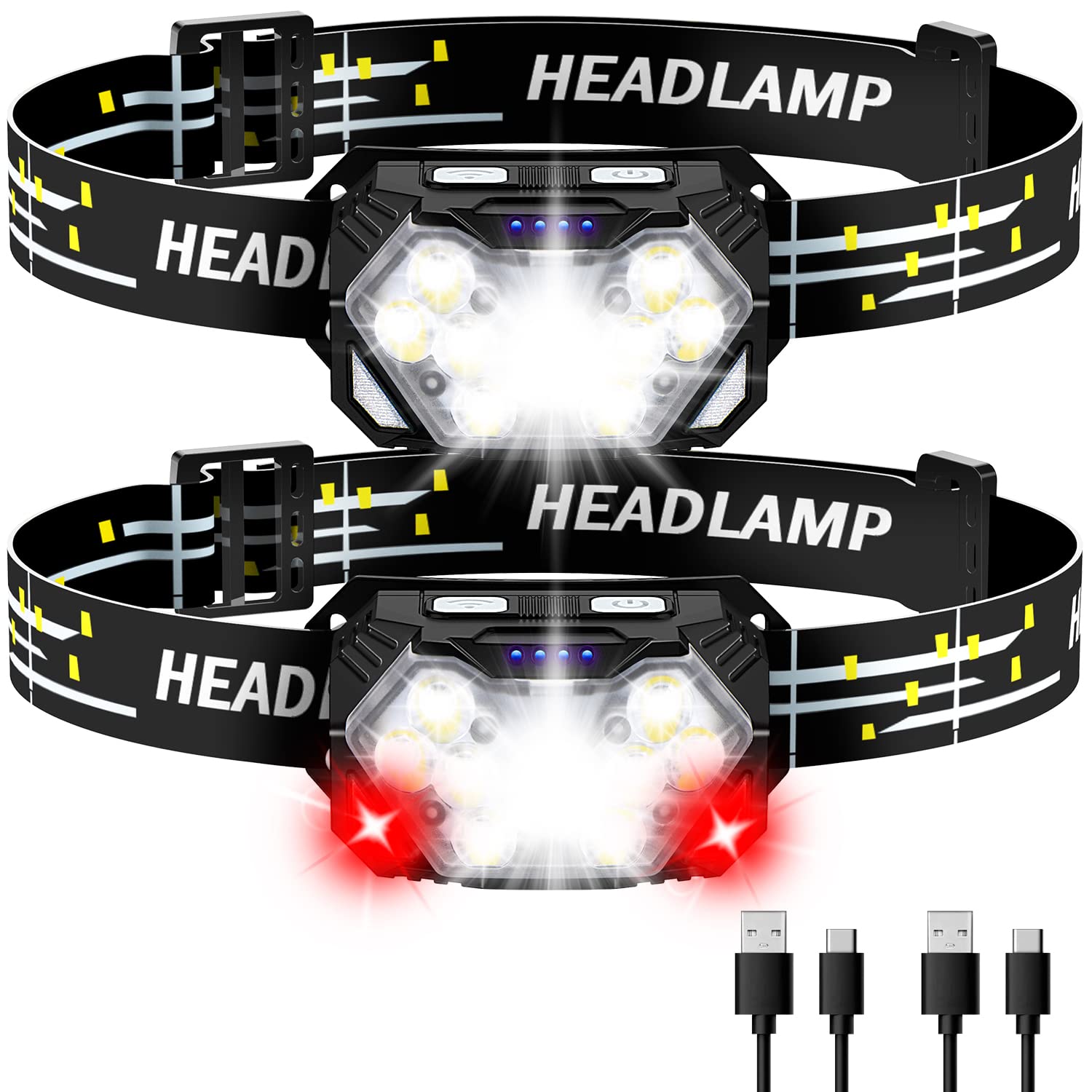 Eirnvop 2000LM Ultra Bright 9 LED Headlamp, 2 Pack USB C Rechargeable Headlights, 10 Modes, Motion Sensor, Waterproof Head Lamp 