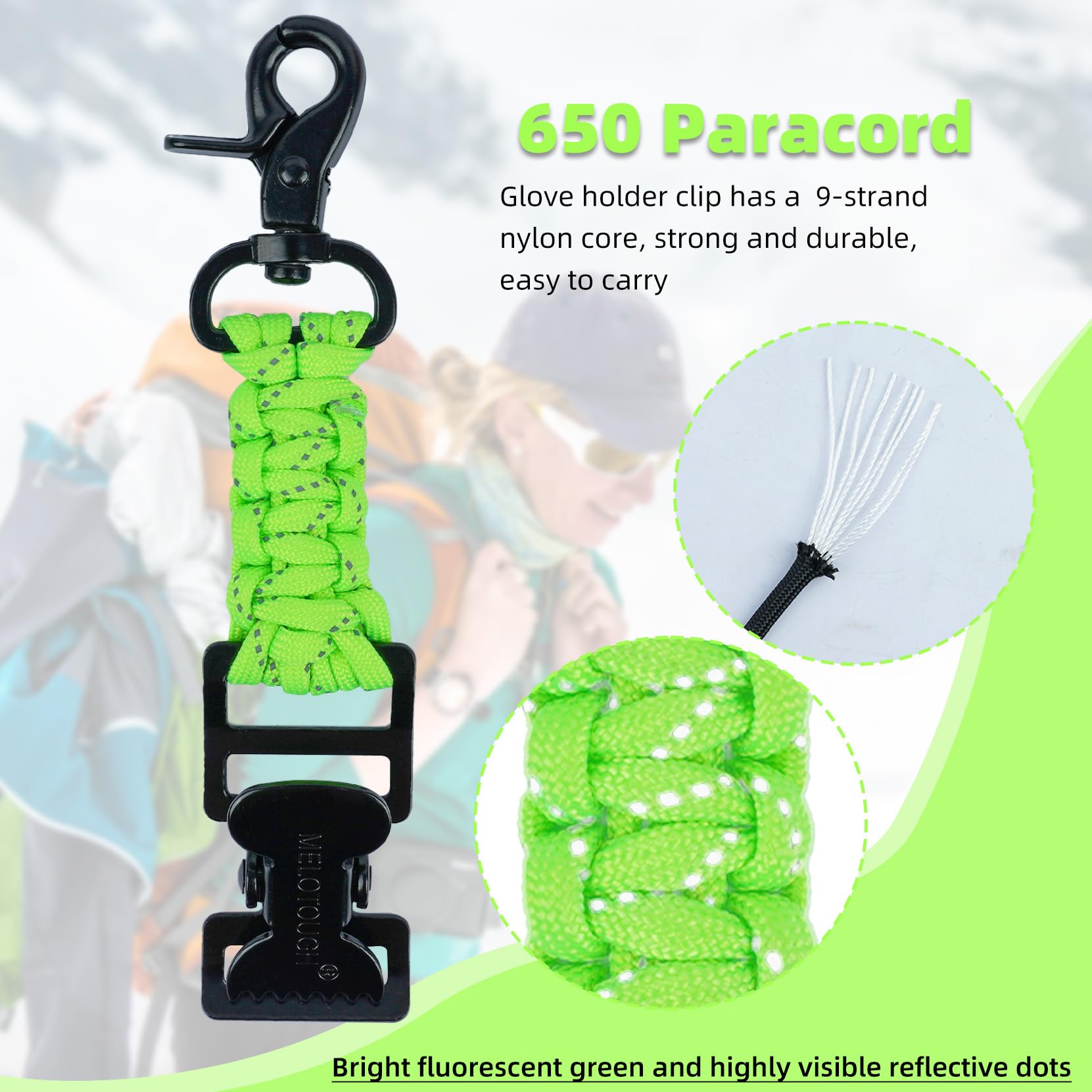 Melotough Tactical Glove Clip Braided Paracord Gloves Clips Holder For Hunting, Hiking, Camping, Outdoor Activities(Lime)