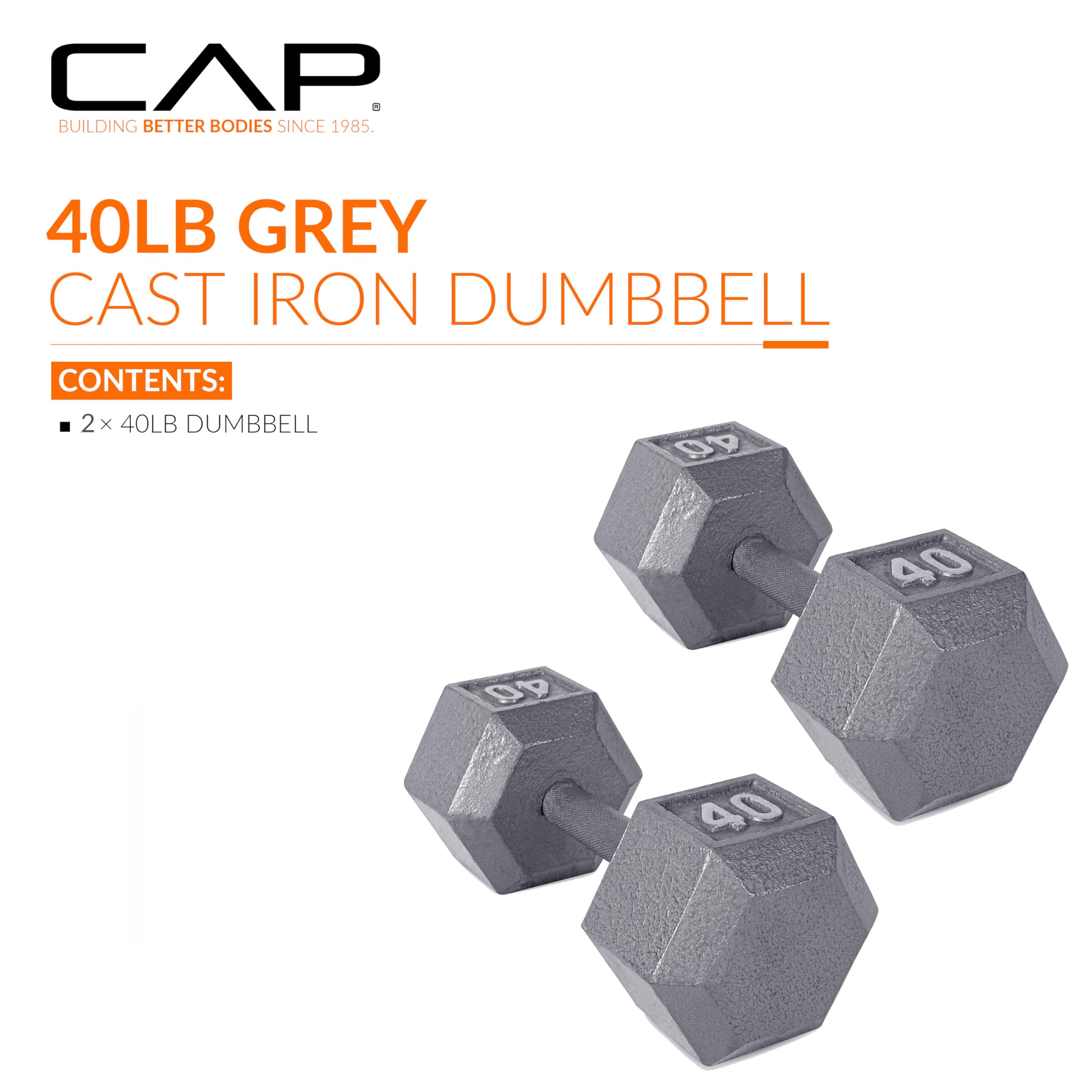 CAP Barbell 40 LB Cast Iron Hex Dumbbell Hand Weight - Pair | Grey