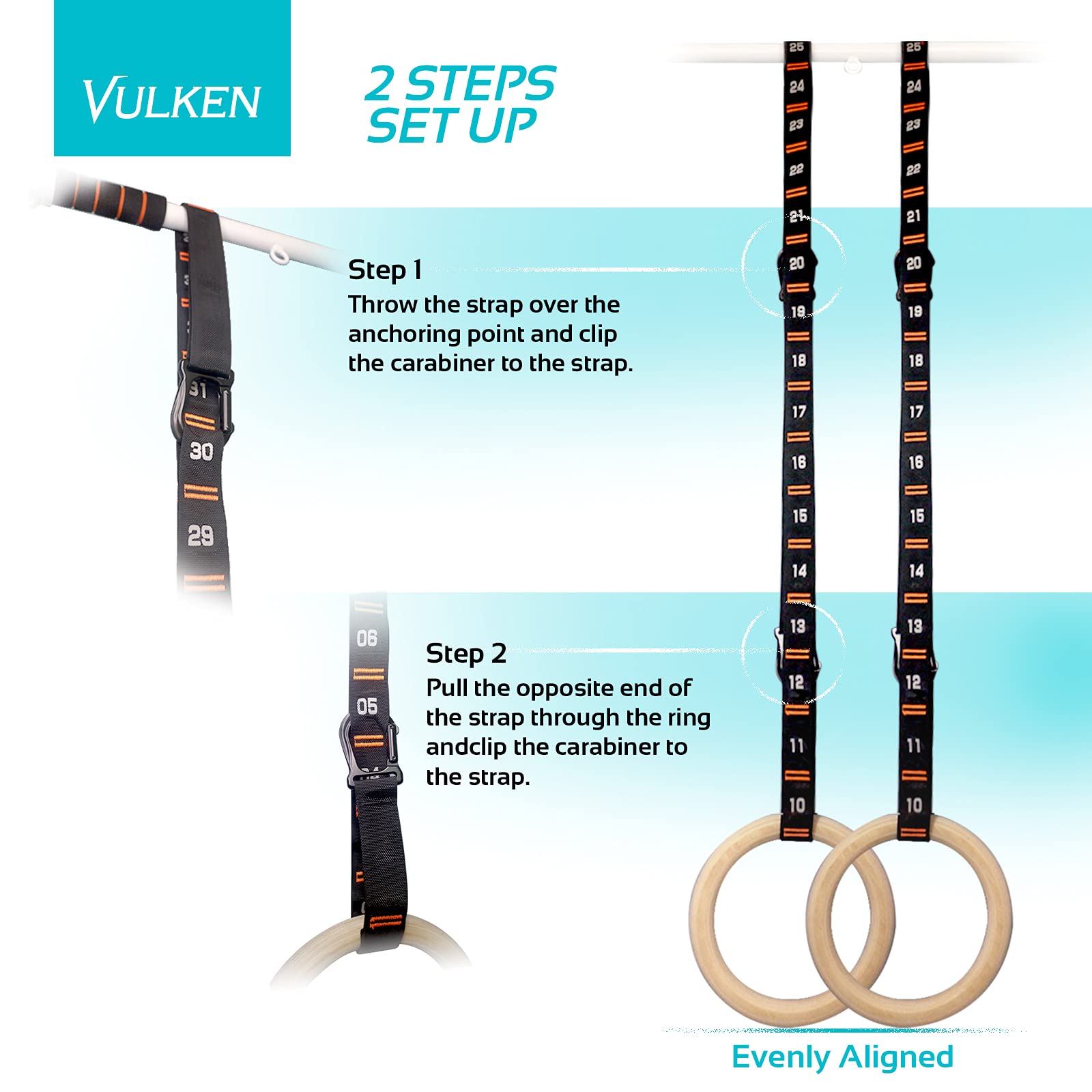 Vulken Adjustable Numbered Straps For Gymnastic Rings Carabiners Quick Hook System Easy To Set Up One Pair Strap Only
