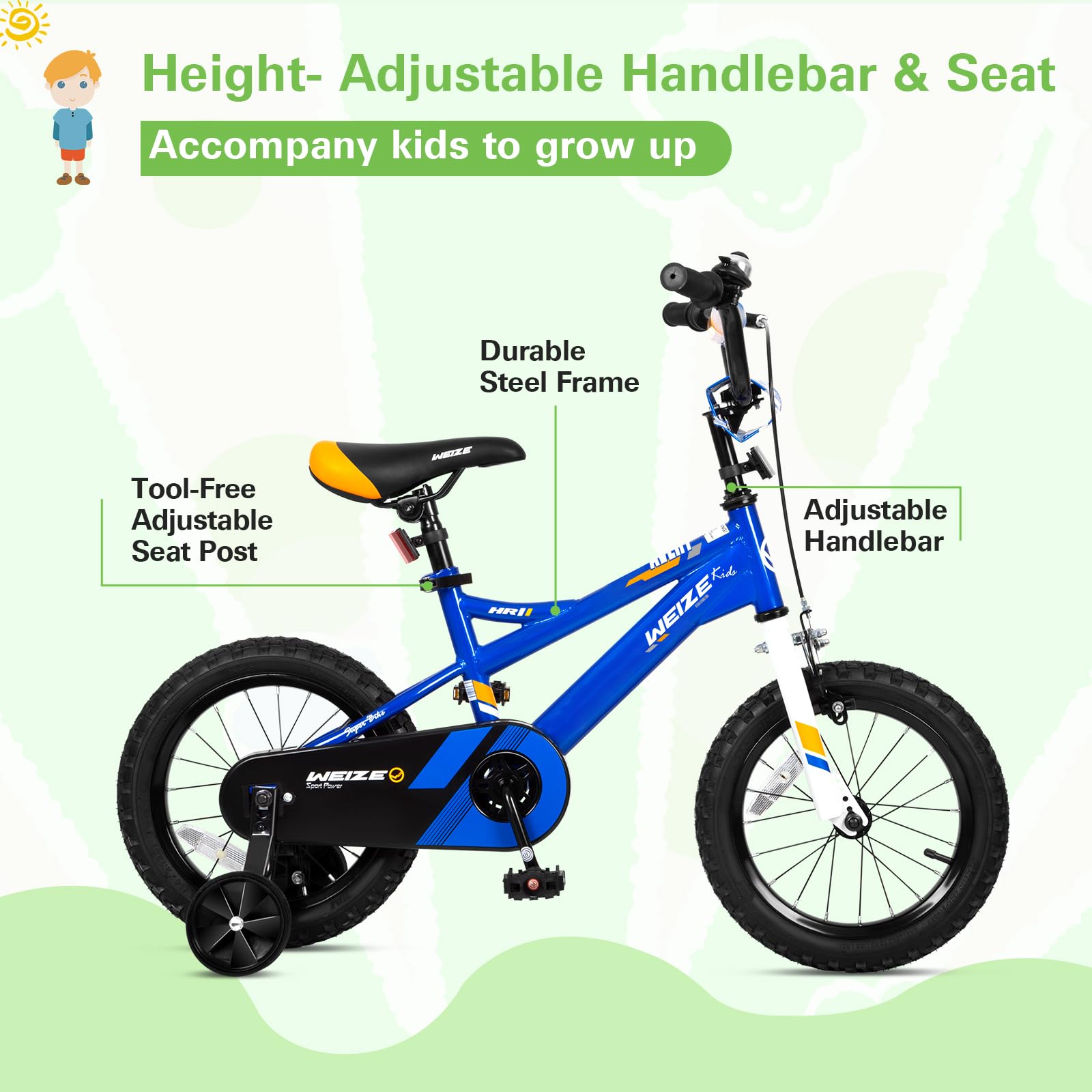 WEIZE Kids Bike, 14 Inch Children Bicycle for Boys Girls Ages 3-5 Years Old, Rider Height 35-42 Inch, Coaster Brake, Blue