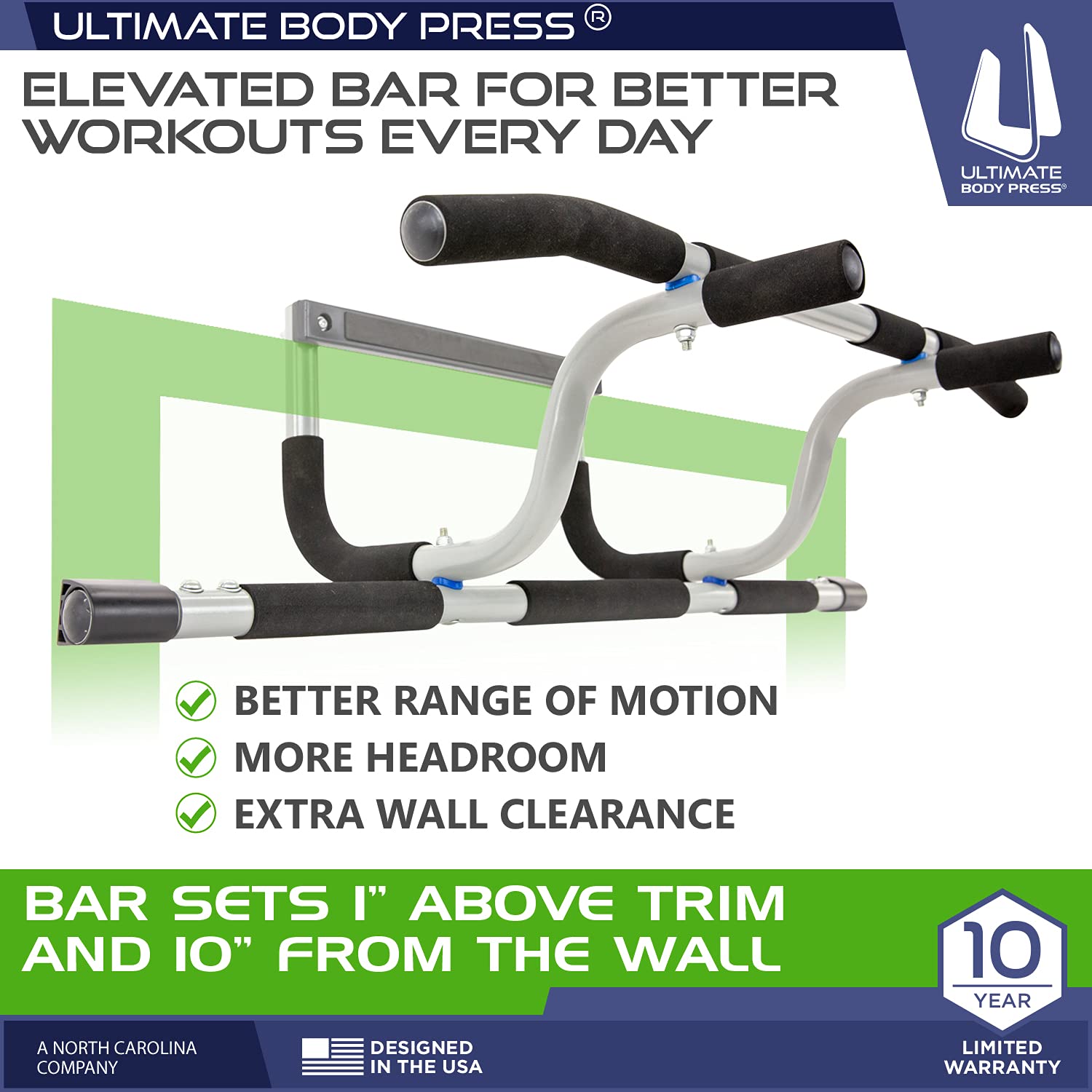 Ultimate Body Press Xl Doorway Pull Up Bar With Elevated Bar & Adjustable Width
