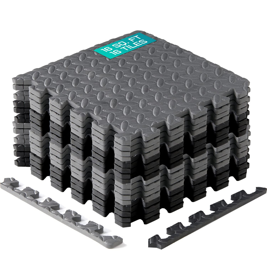 Yes4All Interlocking Foam Tiles, Non-Slip Foam Floor Tiles For Home Gym- Black And Gray, 16 Tiles 12''X 12''X 7/16'' Cover 16 Sq