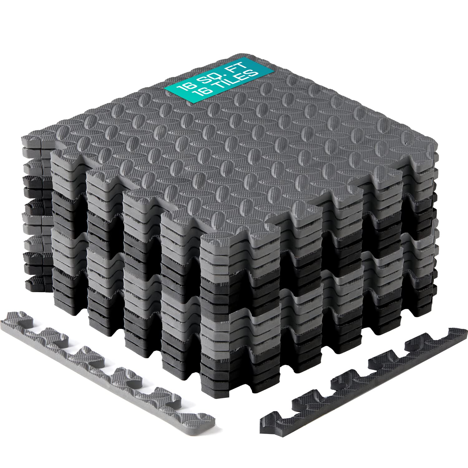 Yes4All Interlocking Foam Tiles, Non-Slip Foam Floor Tiles For Home Gym- Black And Gray, 16 Tiles 12''X 12''X 7/16'' Cover 16 Sq