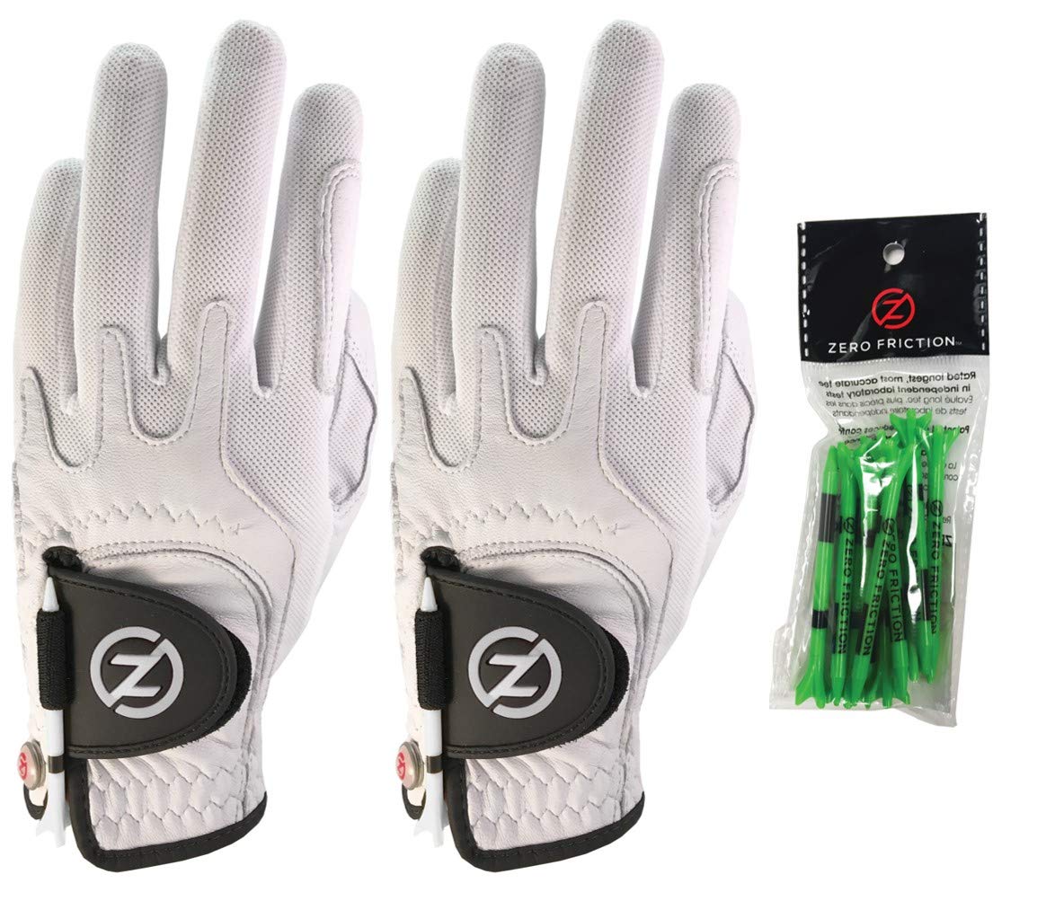 Zero Friction Male Mens Cabretta Elite Golf Glove 2 Pack, Free Tee Pack White & White, Universal Fit (Gl72007)