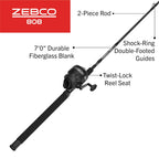 Zebco 808 Spincast Reel And Fishing Rod Combo, 7-Foot 2-Piece Fishing Pole, Size 80 Reel, Changeable Right- Or Left-Hand Retriev