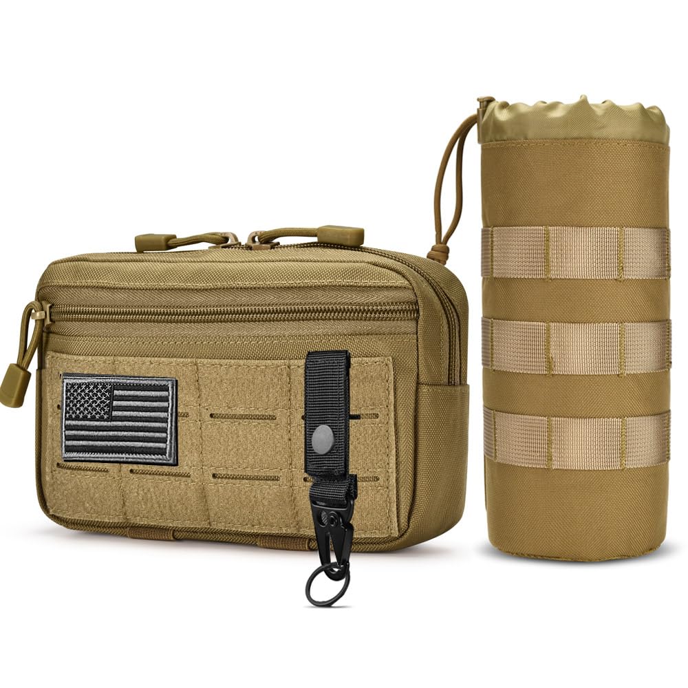 Upgraded Tactical Drawstring Molle Water Bottle Holder Tactical Pouches (Tan-2pack)