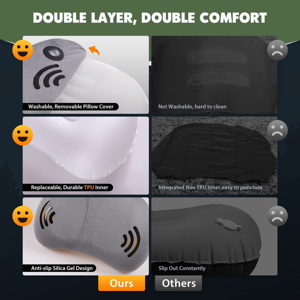 Hikenture Camping Pillow Inflatable, Washable Backpacking Pillow For Sleeping, Ultralight Blow Up Pillows With Removable Cover,