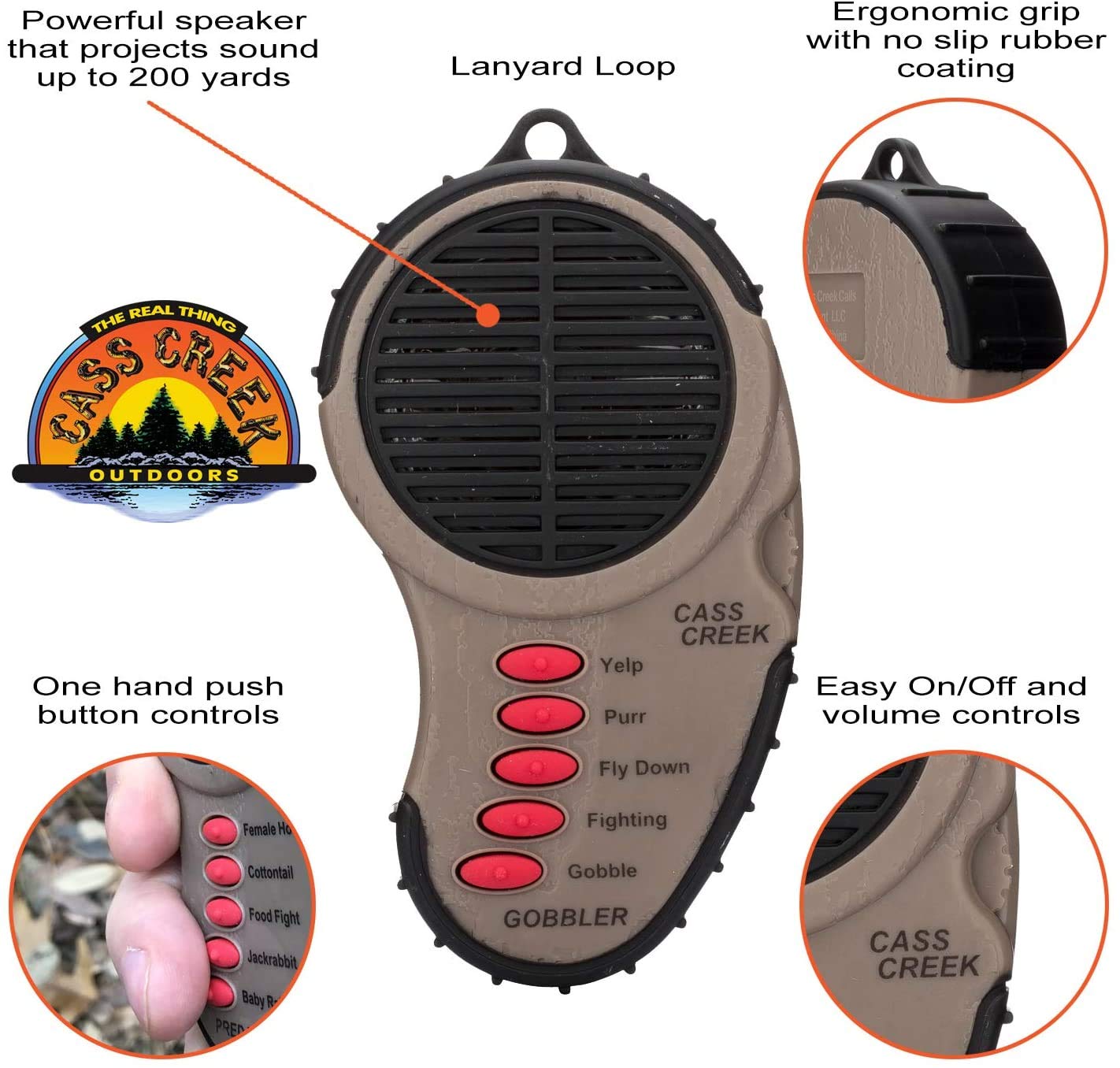 Cass Creek Spring Gobbler Handheld Electronic Game Call | 5 Turkey Calls In 1 | Authentic Animal Recordings | 200 Yard Sound Pro