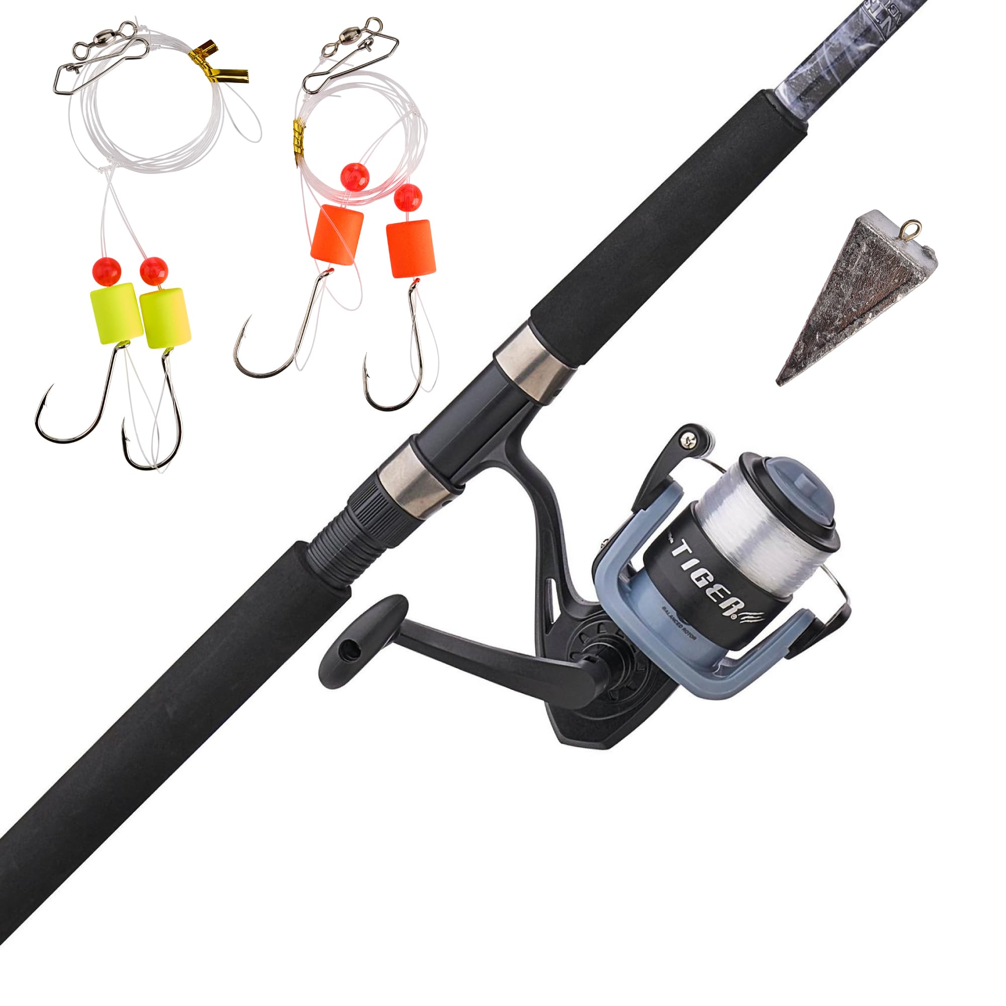 Shakespeare Tiger Surf Spinning Reel and Fishing Rod Combo with Bottom Float Rig, 9 2-Piece Fishing Rod, Tubular Fiberglass Rod
