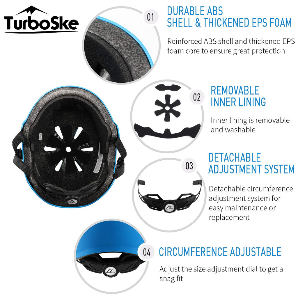 Turboske Skateboard Helmet, Bmx Helmet, Multi-Sport Helmet, Bike Helmet For Kids, Youth, Men, Women (Blue, Sm (205-228))