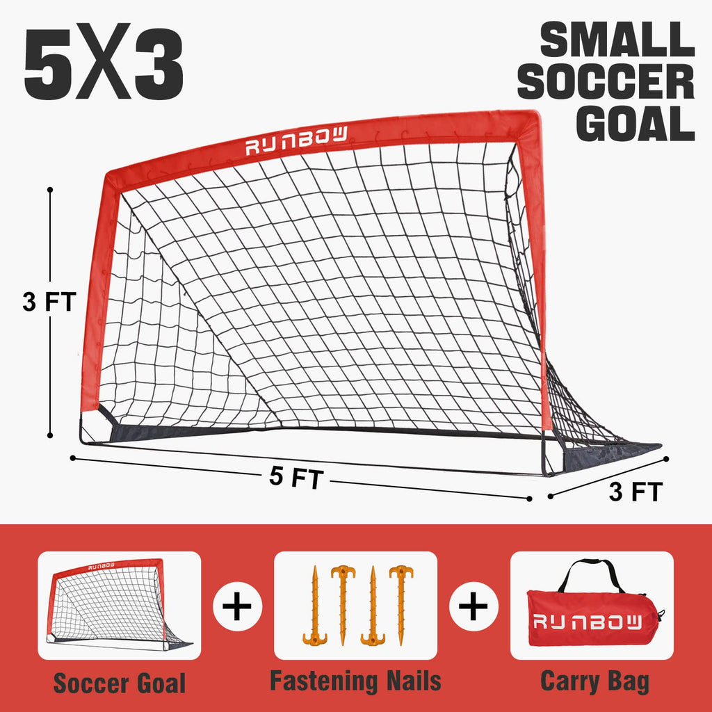 Runbow 5X3 Ft Portable Kids Soccer Goal For Backyard Small Children Practice Soccer Net With Carry Bag (5X3Ft, Red, 1 Pack)