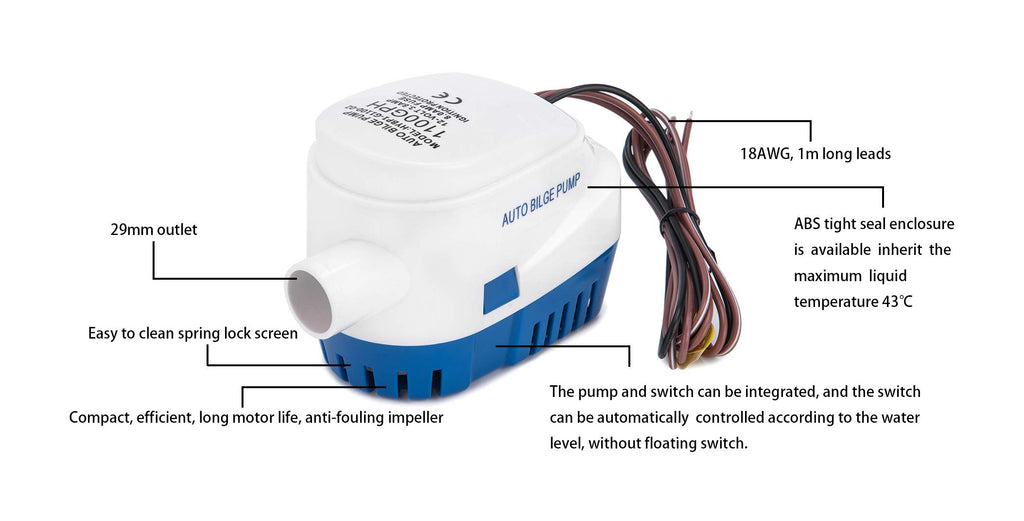 Dontmiss Automatic Submersible Small Boat Bilge Pump 12V 1100Gph Auto With Float Switch Bilge Pump For Boat(Outlet Diameter:1 1/