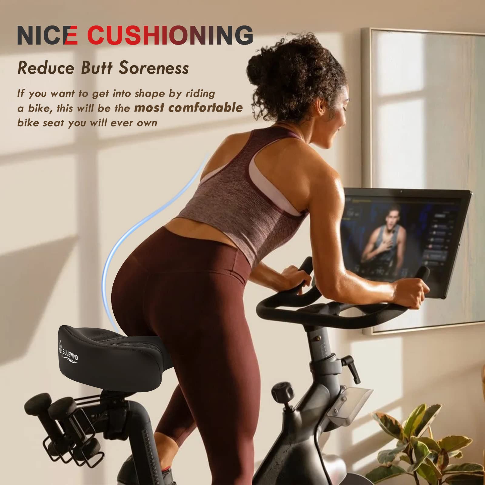 Bluewind Oversized Bike Seat, Wide Bicycle Saddle Novel Backrest Design For Electric Bike, Universal Fit Exercise Bike Or Road S