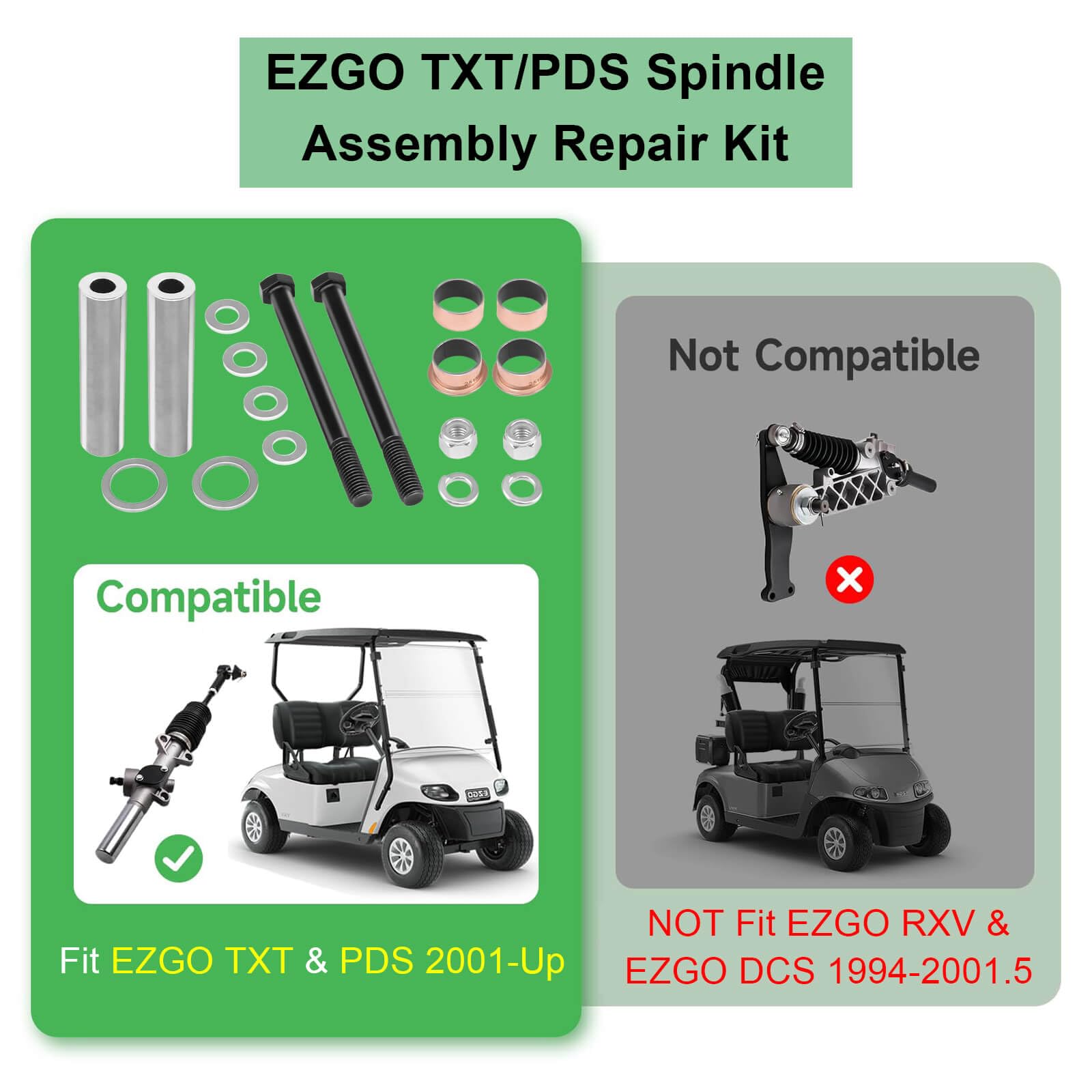 Leapgomax Golf Cart Spindle Bushings Kit Fit For Ezgo Txt/Pds 2001-Up Gas & Electric, Including Bushing Spindle, King Pin Tubes,