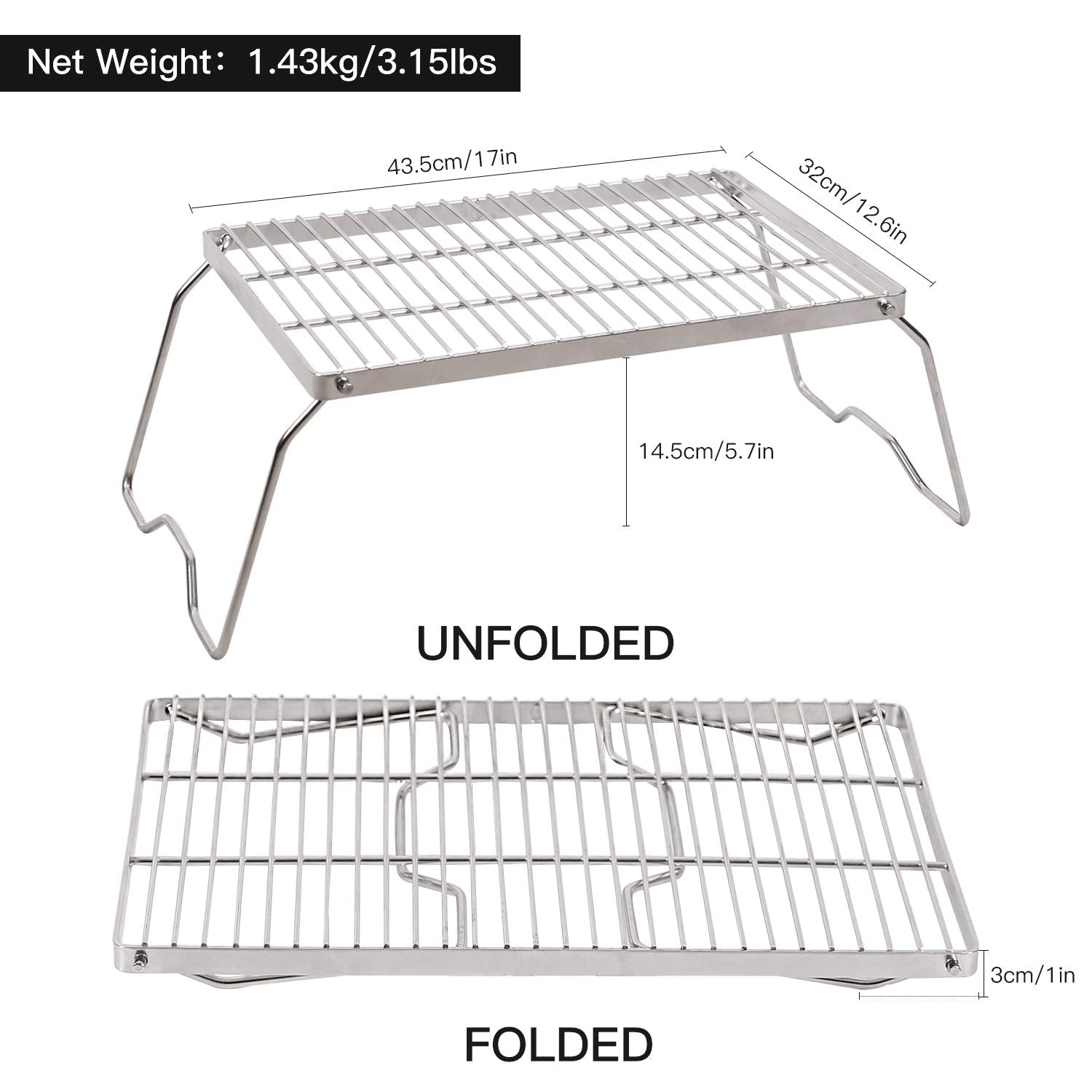 Redcamp Large Folding Campfire Grill 304 Stainless Steel Grate, Heavy Duty Portable Camping Grill With Legs Carrying Bag