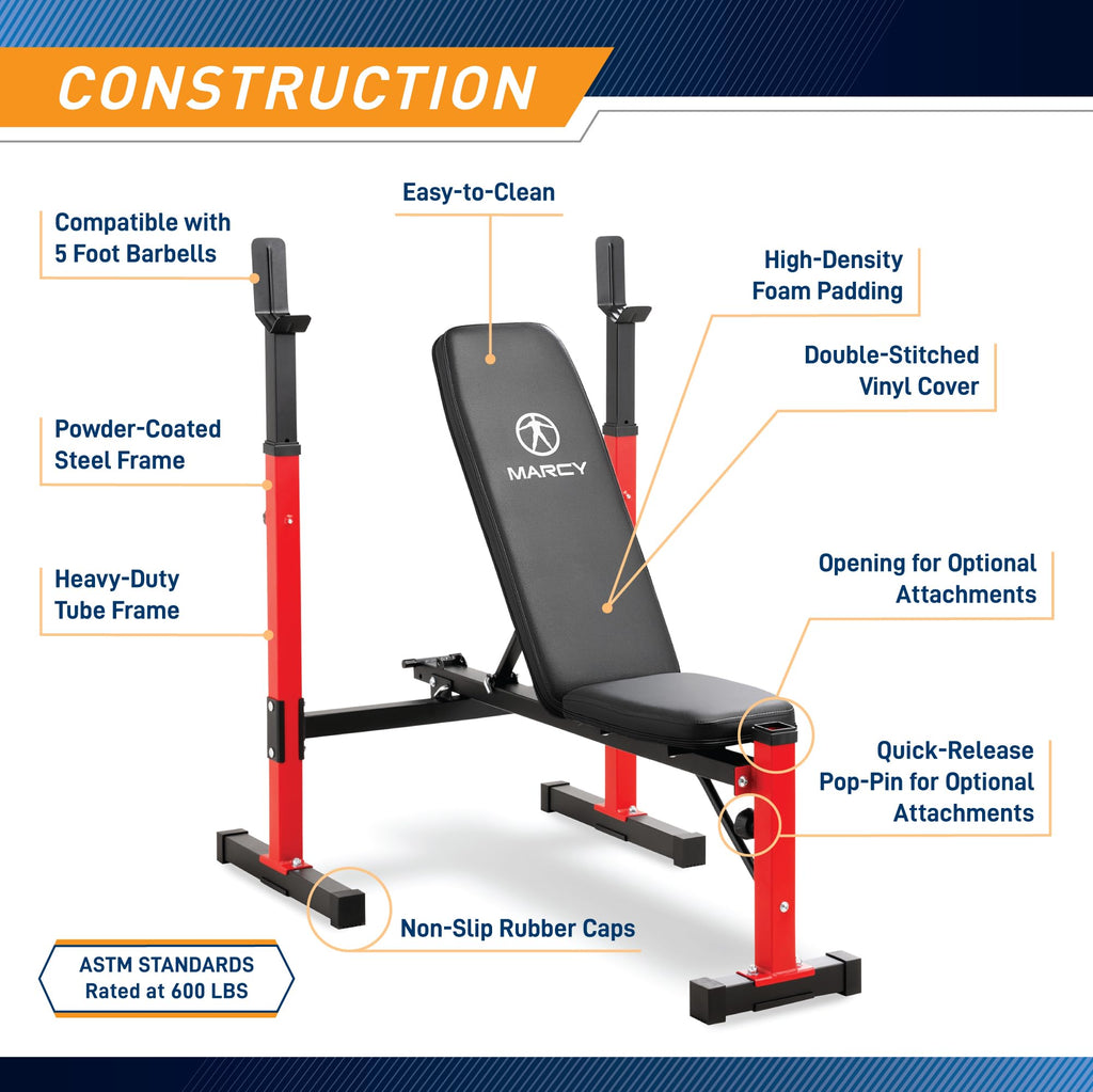 Marcy Foldable Deluxe Standard Weight Bench with Adjustable Back and Bar Catch, Personal Home Gym for Strength Training, Weightl
