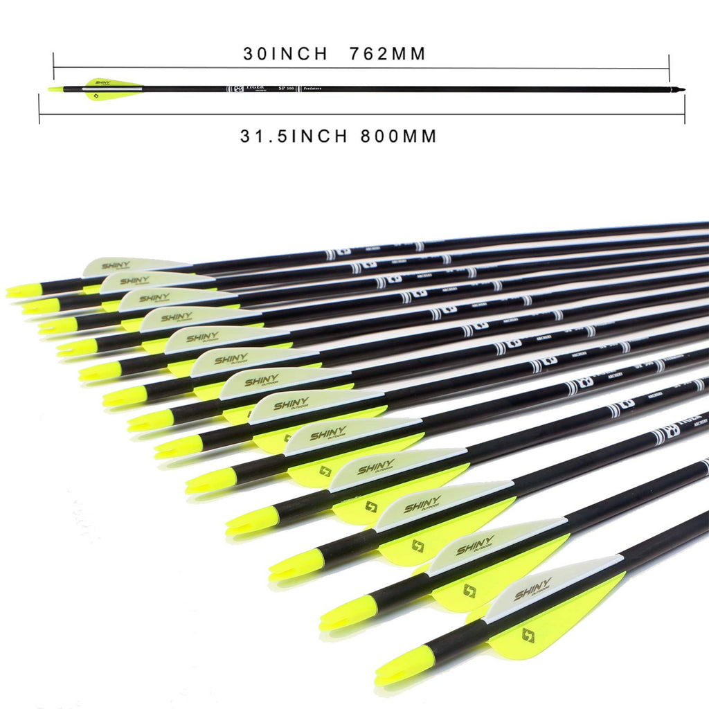 Tiger Archery 30Inch Carbon Arrow Practice Hunting Arrows With Removable Tips For Compound & Recurve Bow(Pack Of 12) (Yellow Whi