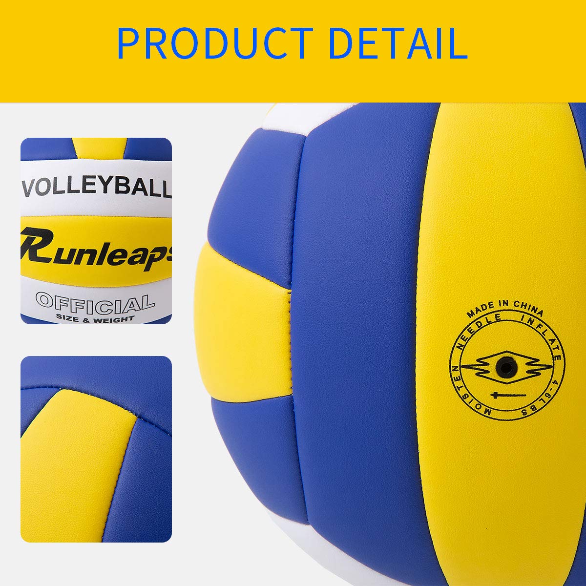 Runleaps Volleyball, Waterproof Indoor Outdoor Volleyball For Beach Game Gym Training, Official Size 5 (Blue-Yellow-White)