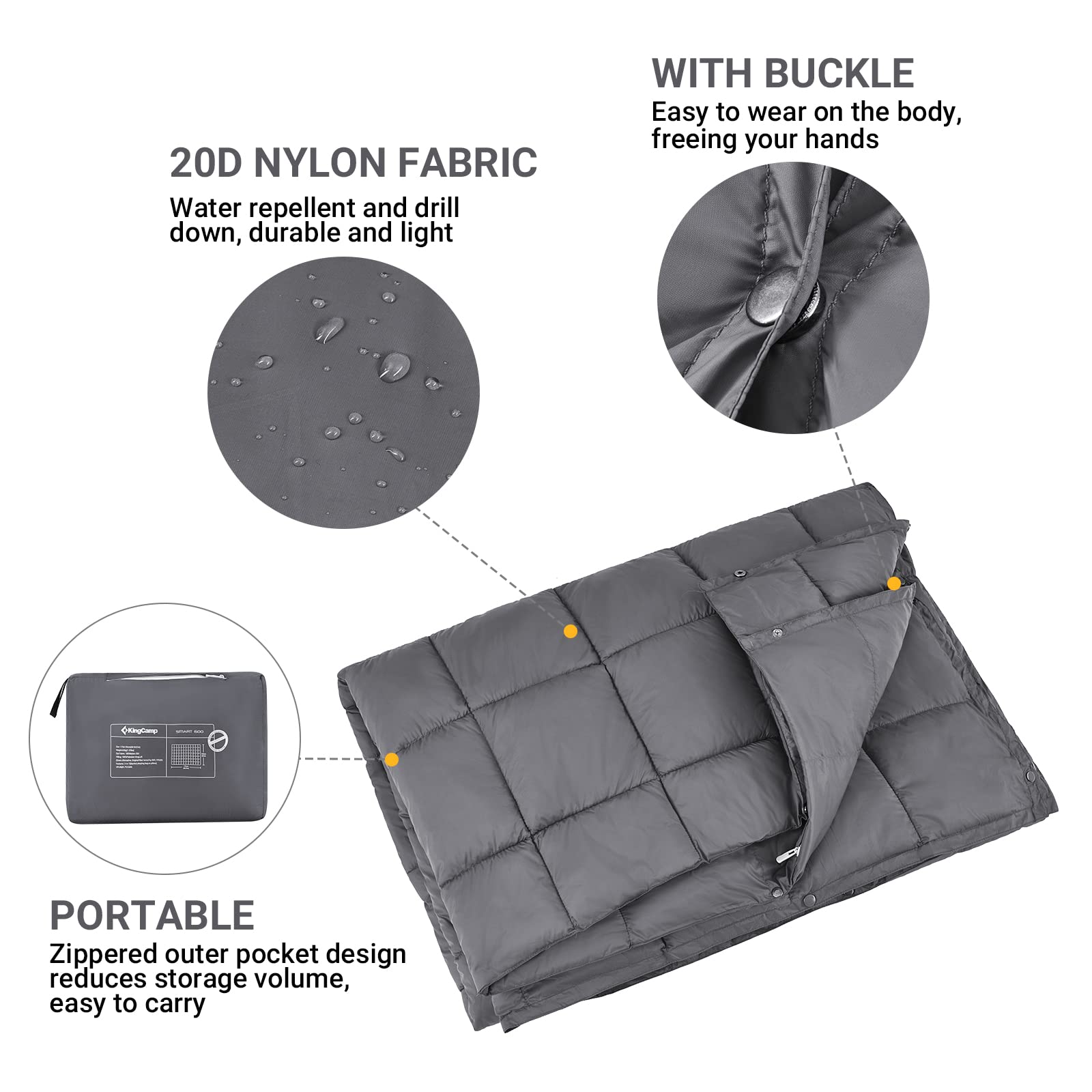 Kingcamp Camping Blanket Lightweight, Multifunctional Warm Puffy Outdoor Blanket With Snap Button, Water Repellent, Packable, Fo