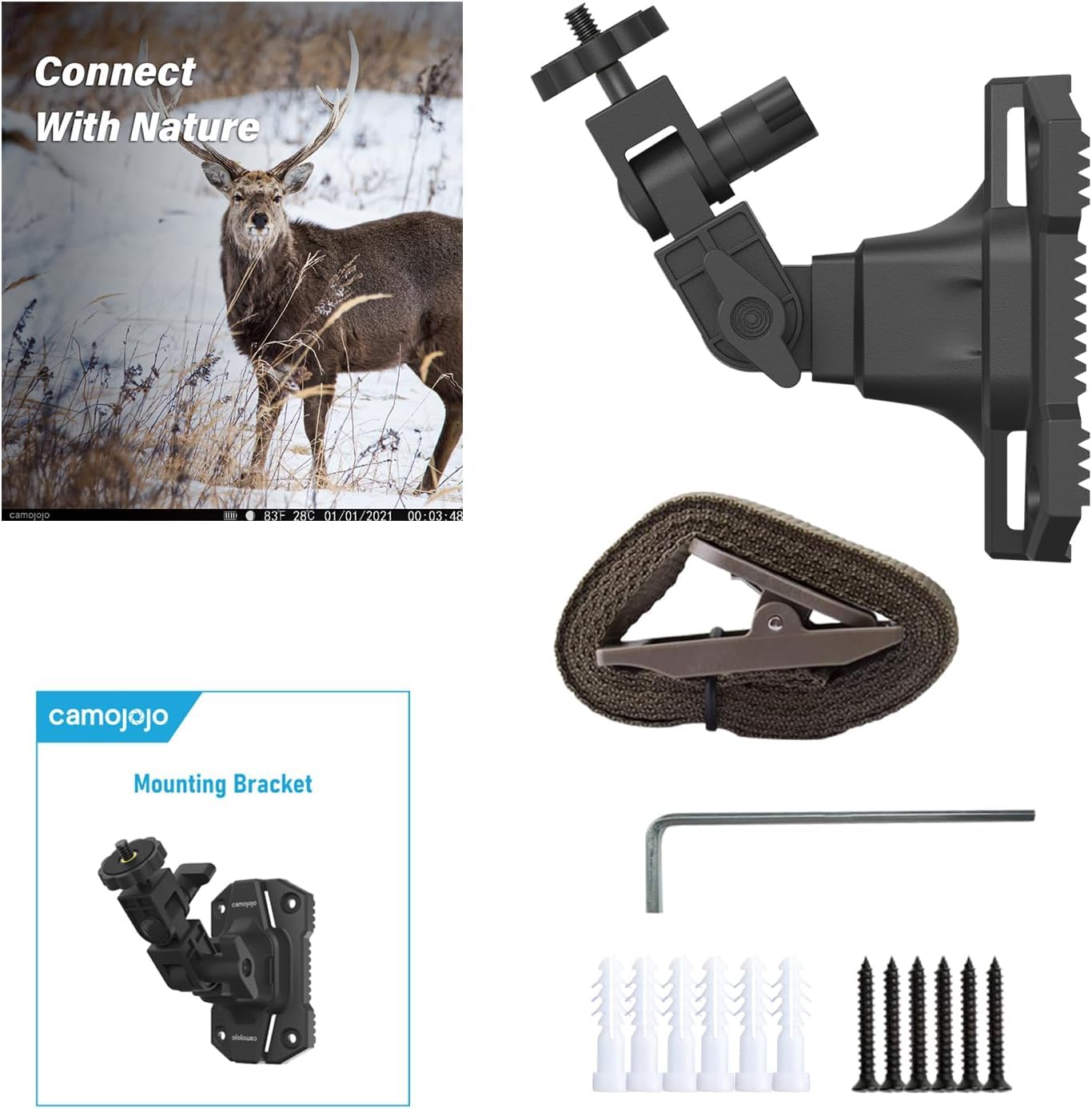 Camojojo Trail Cameras Mounting Bracket With 1/4 -20 Threaded Insert 360Rotating Adjustable Holder For Outdoor Hunting Gear Acce