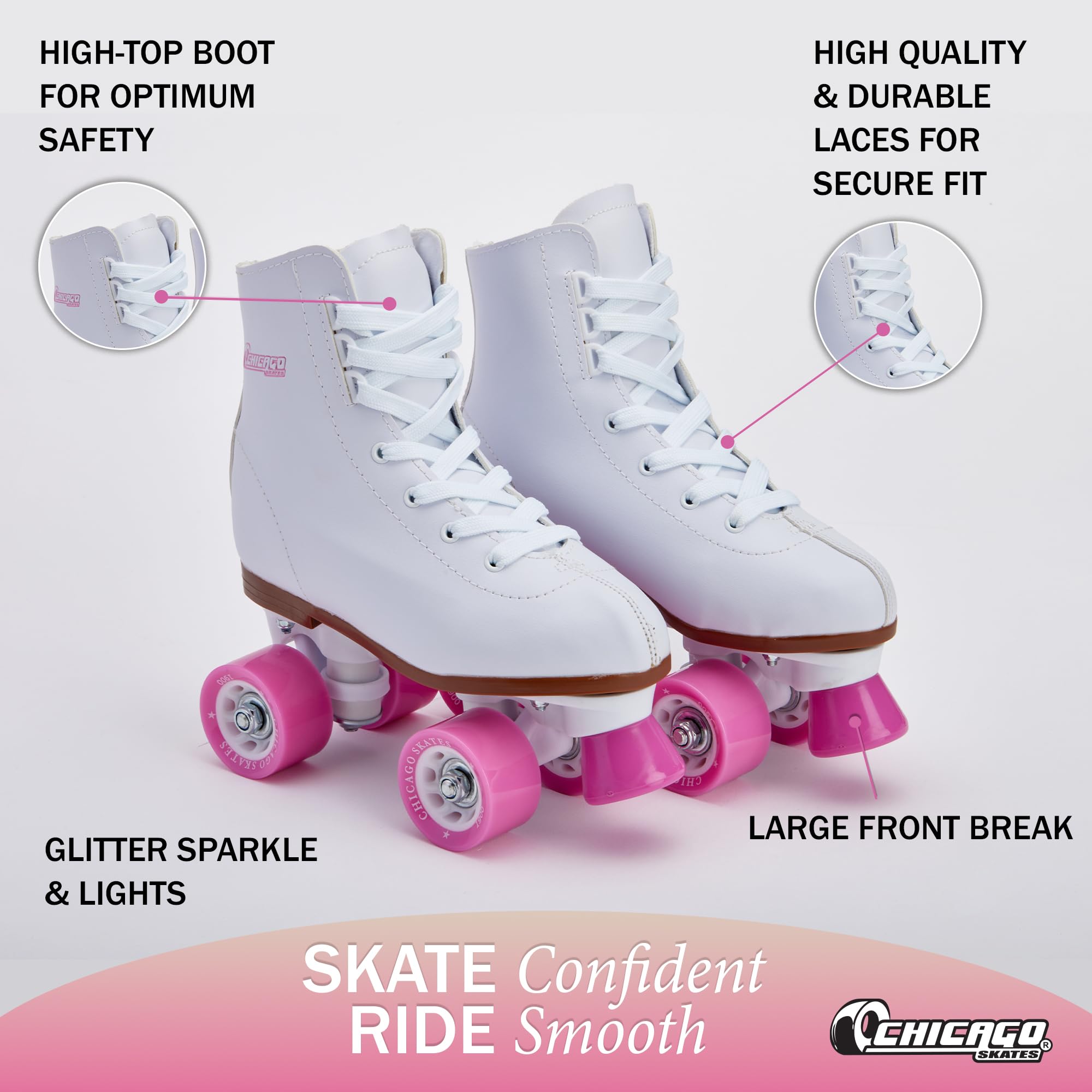 Chicago Girls Rink Roller Skates - Classic High-Top Quad Skates, Padded Ankle Collar, 54mm Urethane Wheels, Adjustable Trucks, I