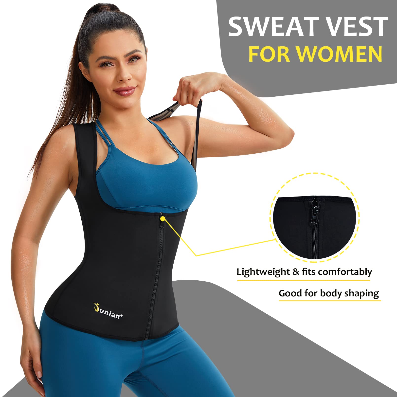 Junlan Sauna Suit For Women Waist Trainer Vest For Women Sweat Tank Top Shaper For Women With Zipper (Black, Medium)