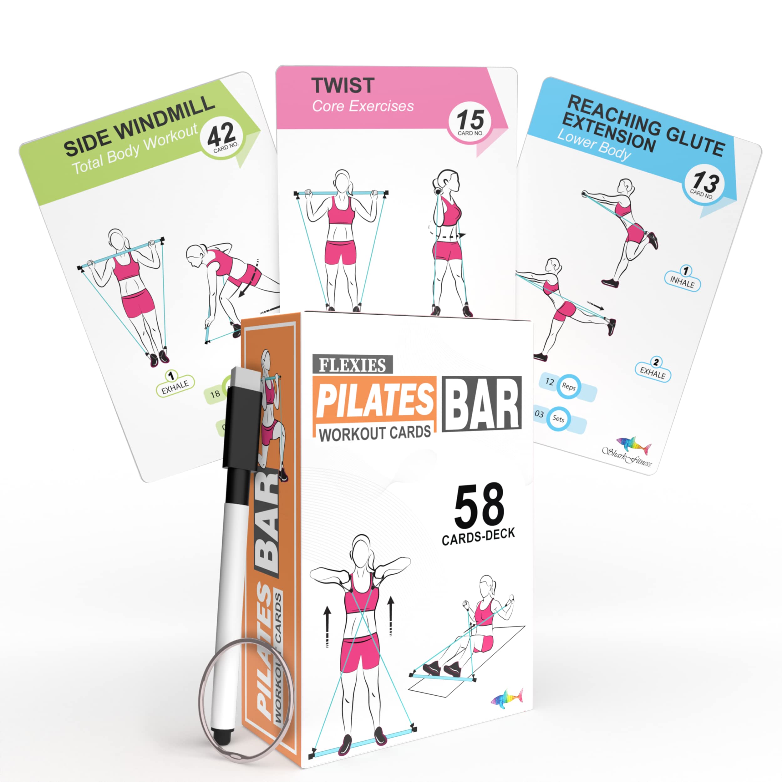 Flexies Pilates Bar Workout Cards - 58 Exercise Cards With Pilates Stick Work Out Postures, Instructions & Breathing Tips  Free 