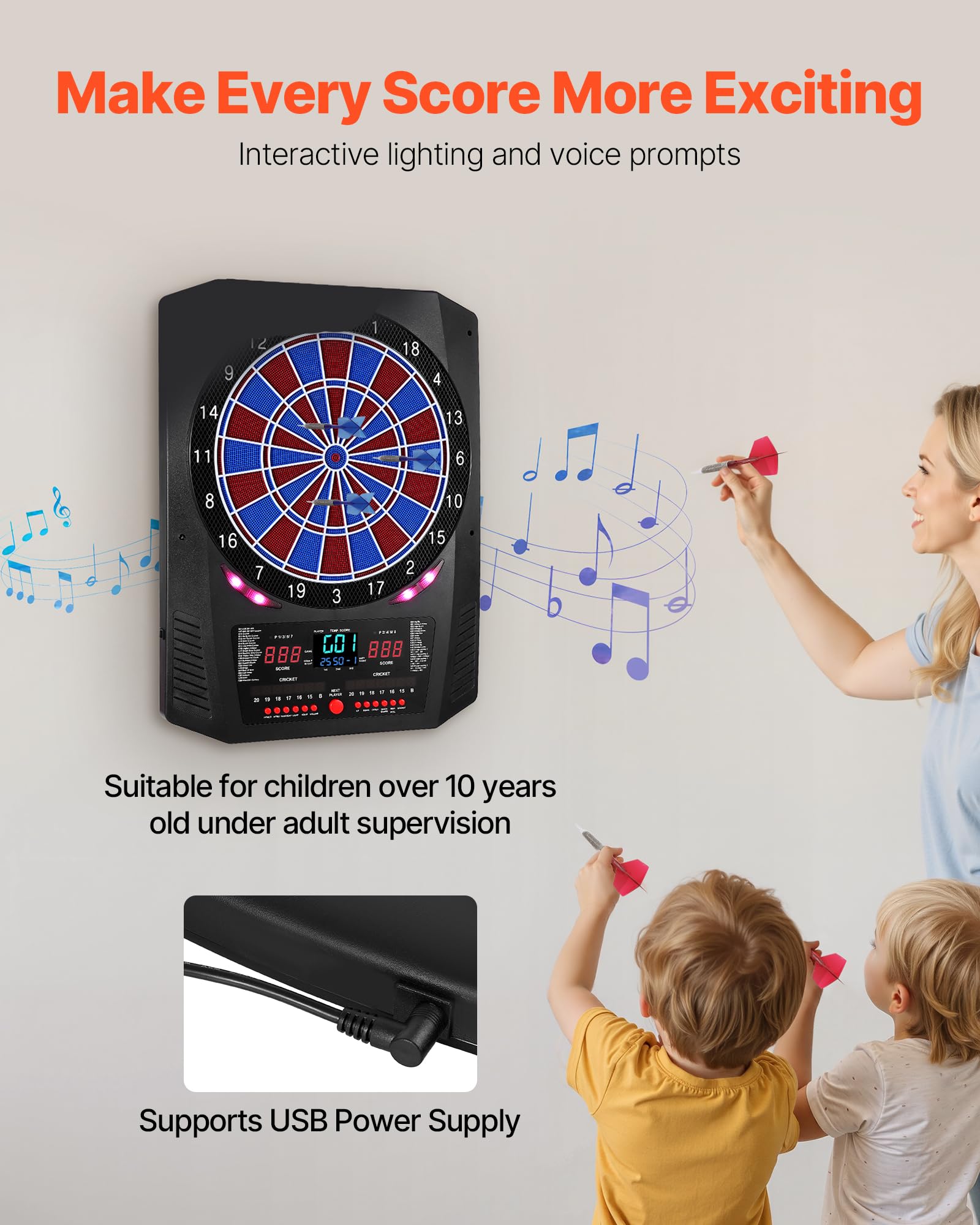 VEVOR Electronic Dart Board, 13.5 Target Dartboard with 45 Games & 474 Variations for Up to 8 Players, 6 Dart Shafts with Flight