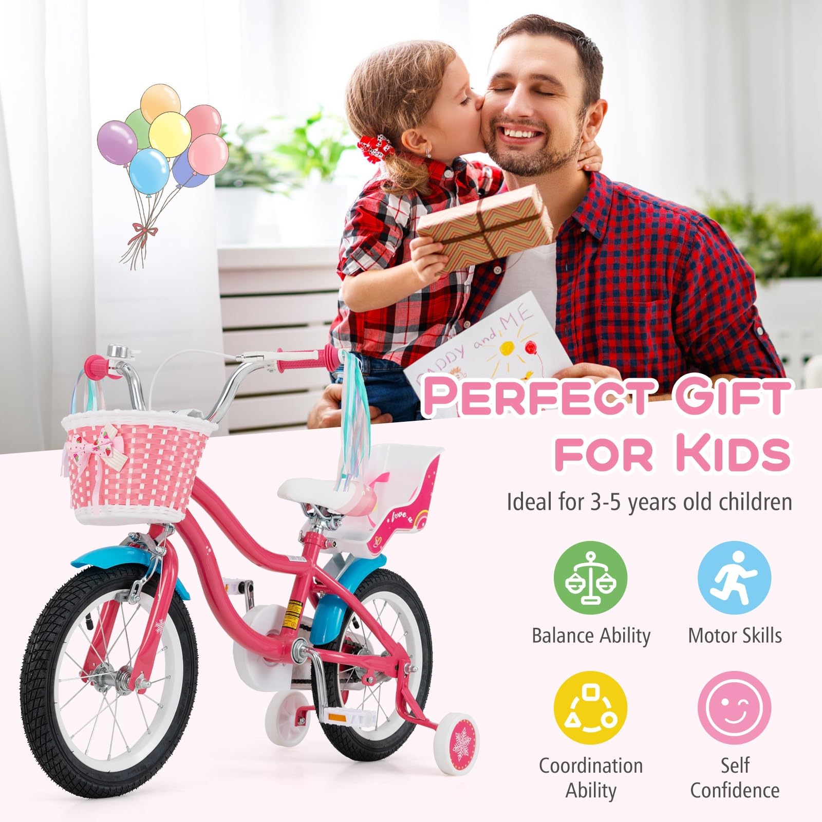 Baby Joy Kids Bike, 14 Inch Children Bicycle W/Basket, Doll Seat, Colorful Streamers, Training Wheels, Adjustable Seat & Handleb