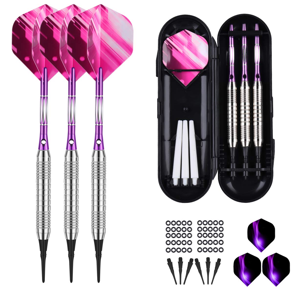 Sanfeng Soft Tip Darts Set For Electronic Dart Board - 16G Darts Barrel Plastic Tip With 50 Rubber O-Rings + 6 Shafts + Extra 50