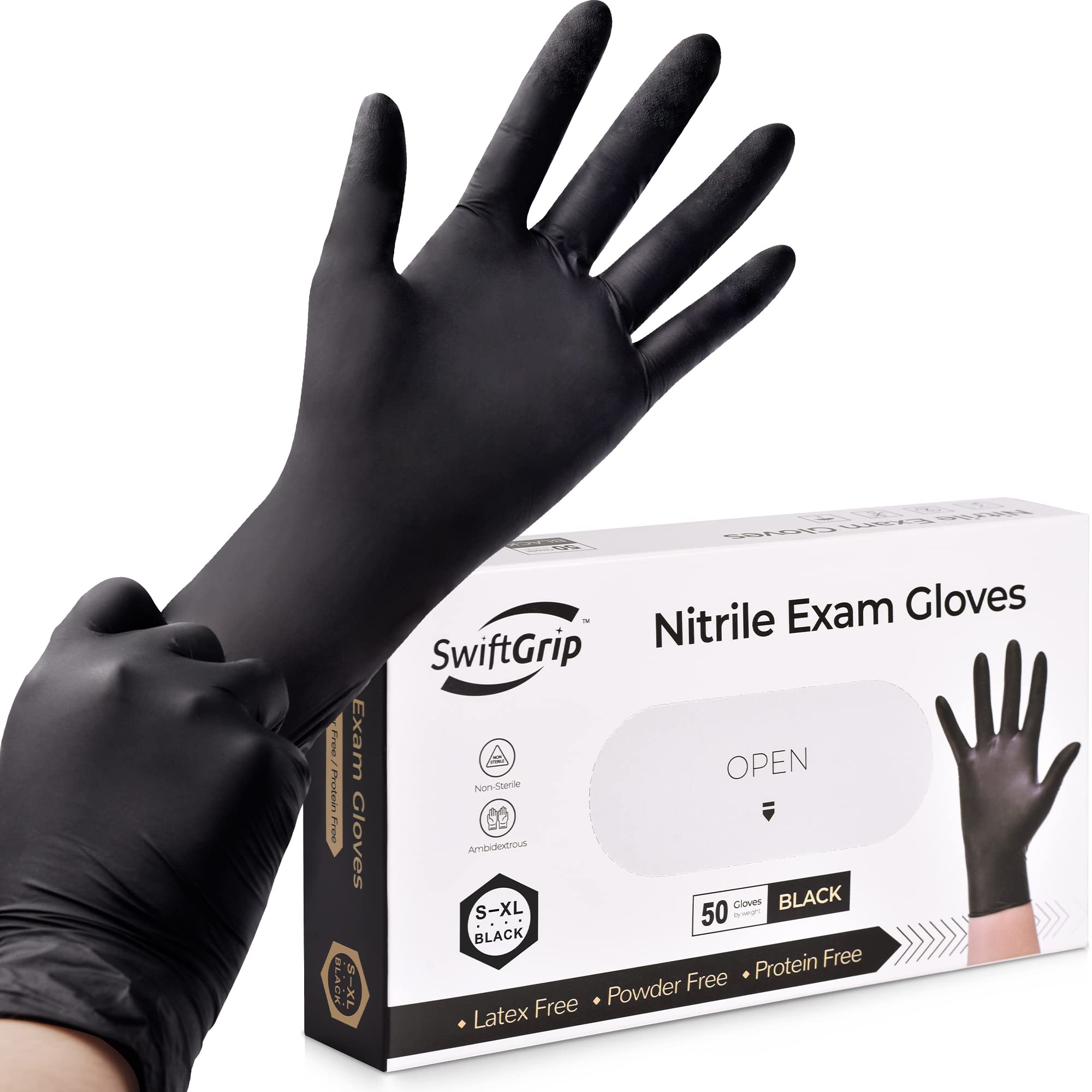 Swiftgrip Disposable Nitrile Exam Gloves, 3-Mil, Black Nitrile Gloves Disposable Latex Free For Medical, Cooking  Esthetician, F
