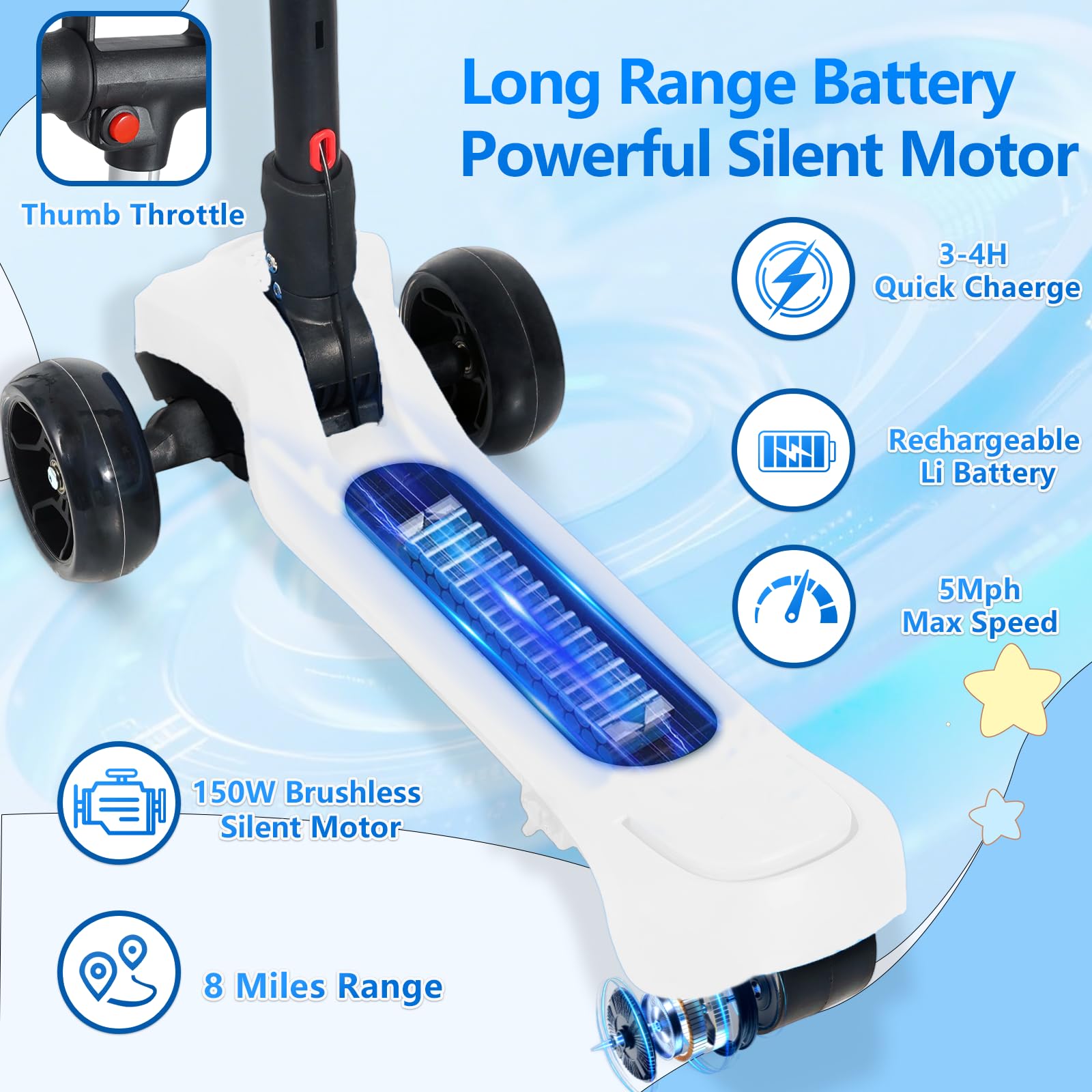 Electric Scooter for Kids Ages 3-12, 3-Wheel Foldable Scooter with Full Body Lights, Wide Deck,3 Adjustable Heights, 5MPH Safe S