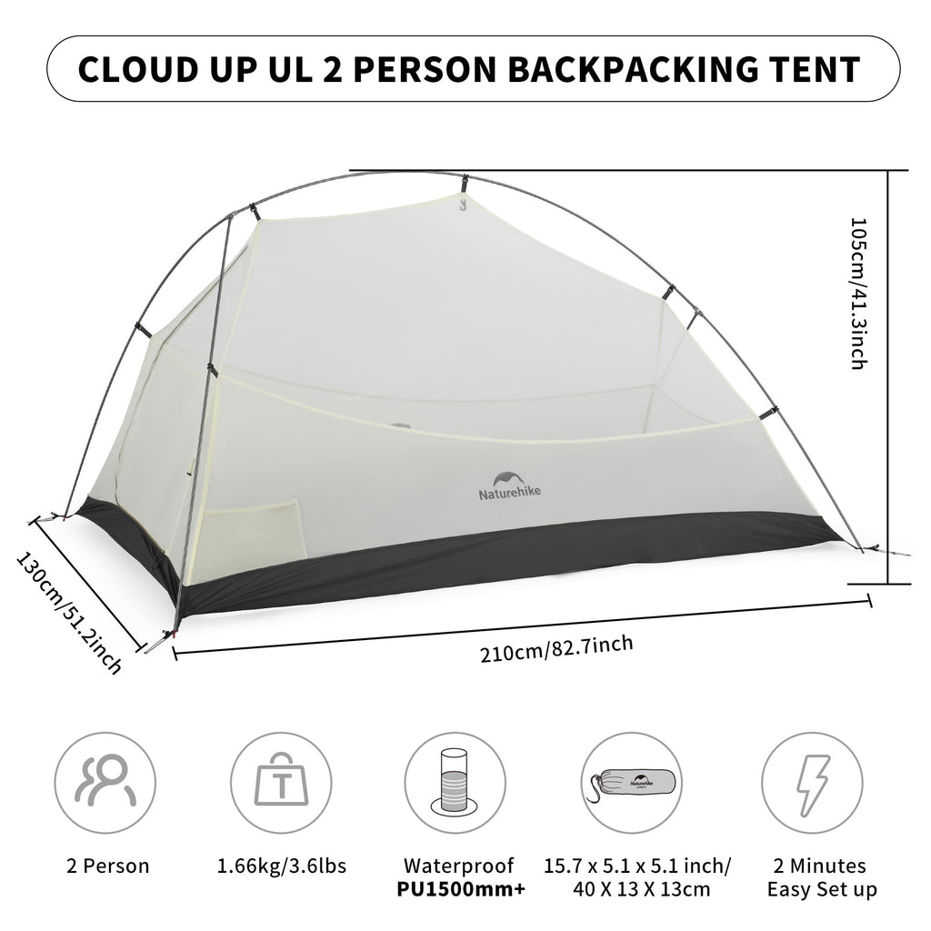 Naturehike Cloud Up Ul 2 Person Backpacking Tent, Double Layer Two Person Tent With Footprint, 15D Nylon Waterproof Ultralight T