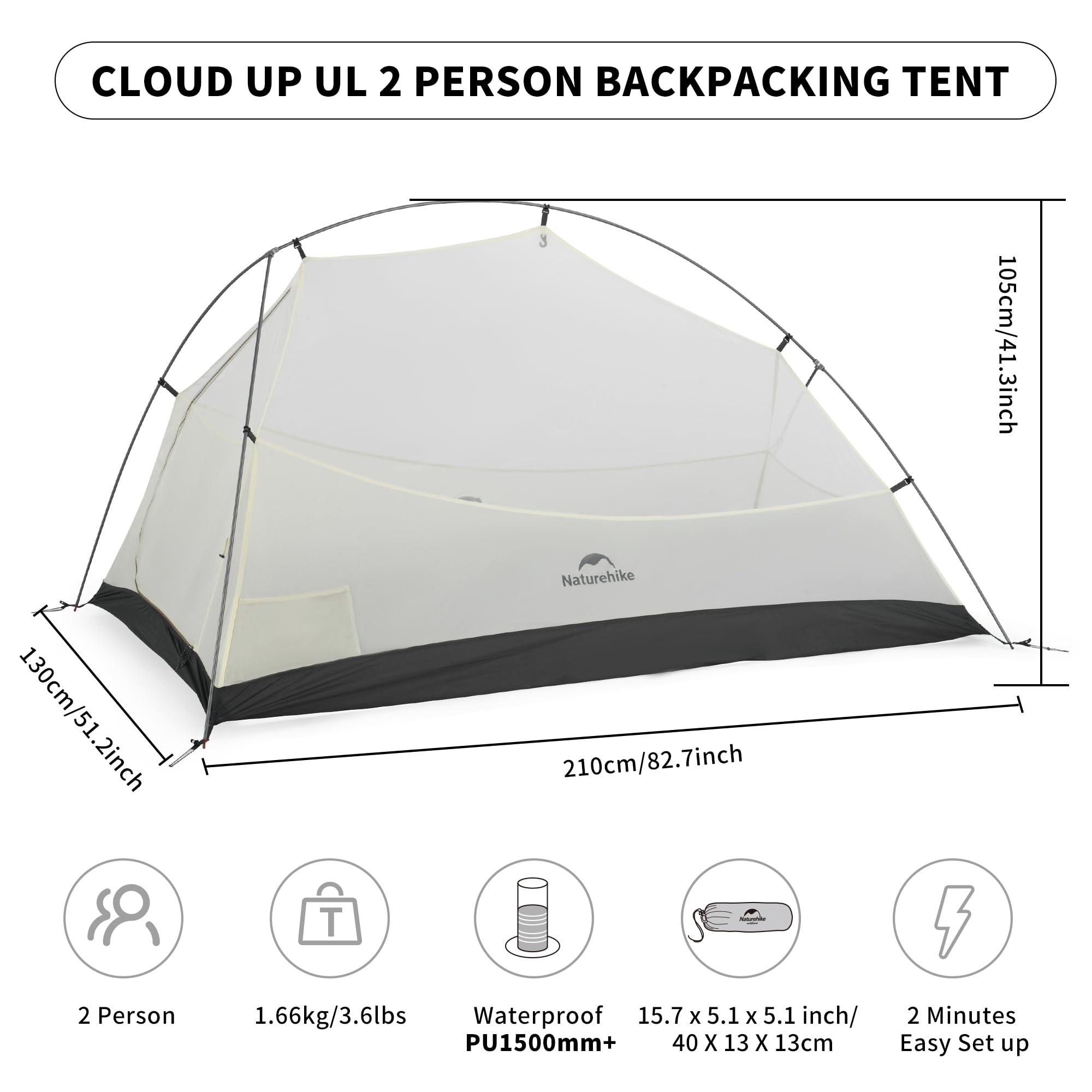 Naturehike Cloud Up Ul 2 Person Backpacking Tent, Double Layer Two Person Tent With Footprint, 15D Nylon Waterproof Ultralight T
